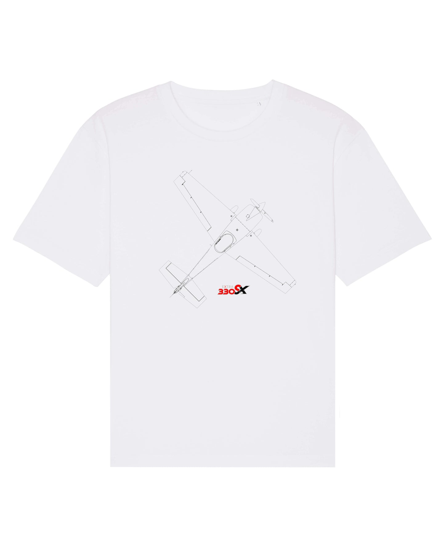 Produktbild eines weißen T-shirts aus 100% Bio-Baumwolle mit dem EXTRA 330-SX Typlogo mittig, auf der Vorderseite. Darüber ist eine technische Zeichnung der EA-330 SX, Top-view, 45° rechtsseitig gedreht, als Printmotiv abgebildet.