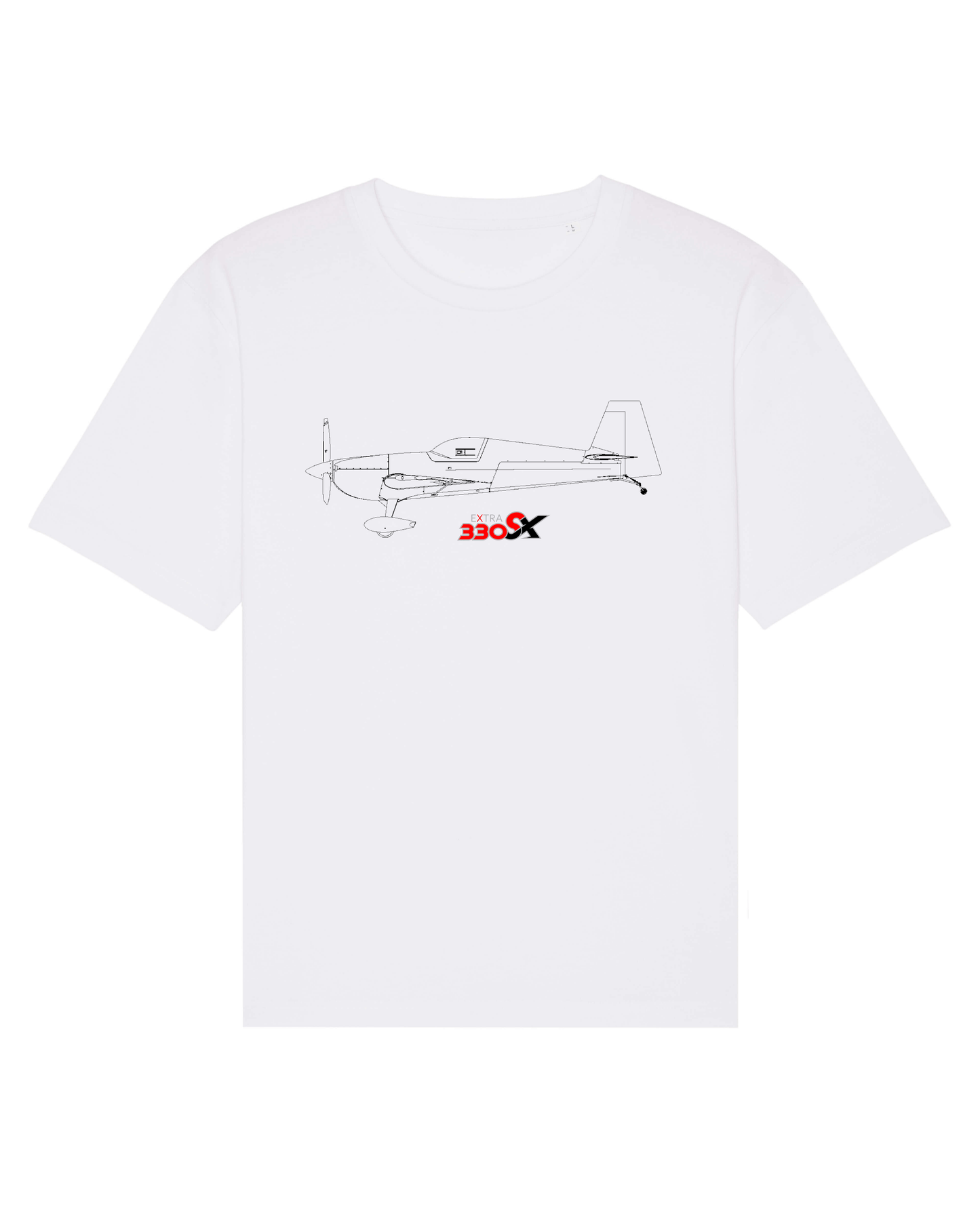 Weißes T-shirt aus 100% Bio-Baumwolle mit  dem EXTRA 330-SX Typlogo mittig, auf der Vorderseite. Darüber ist eine technische Zeichnung der EA-330 SX, in Seitenansicht als Printmotiv abgebildet.