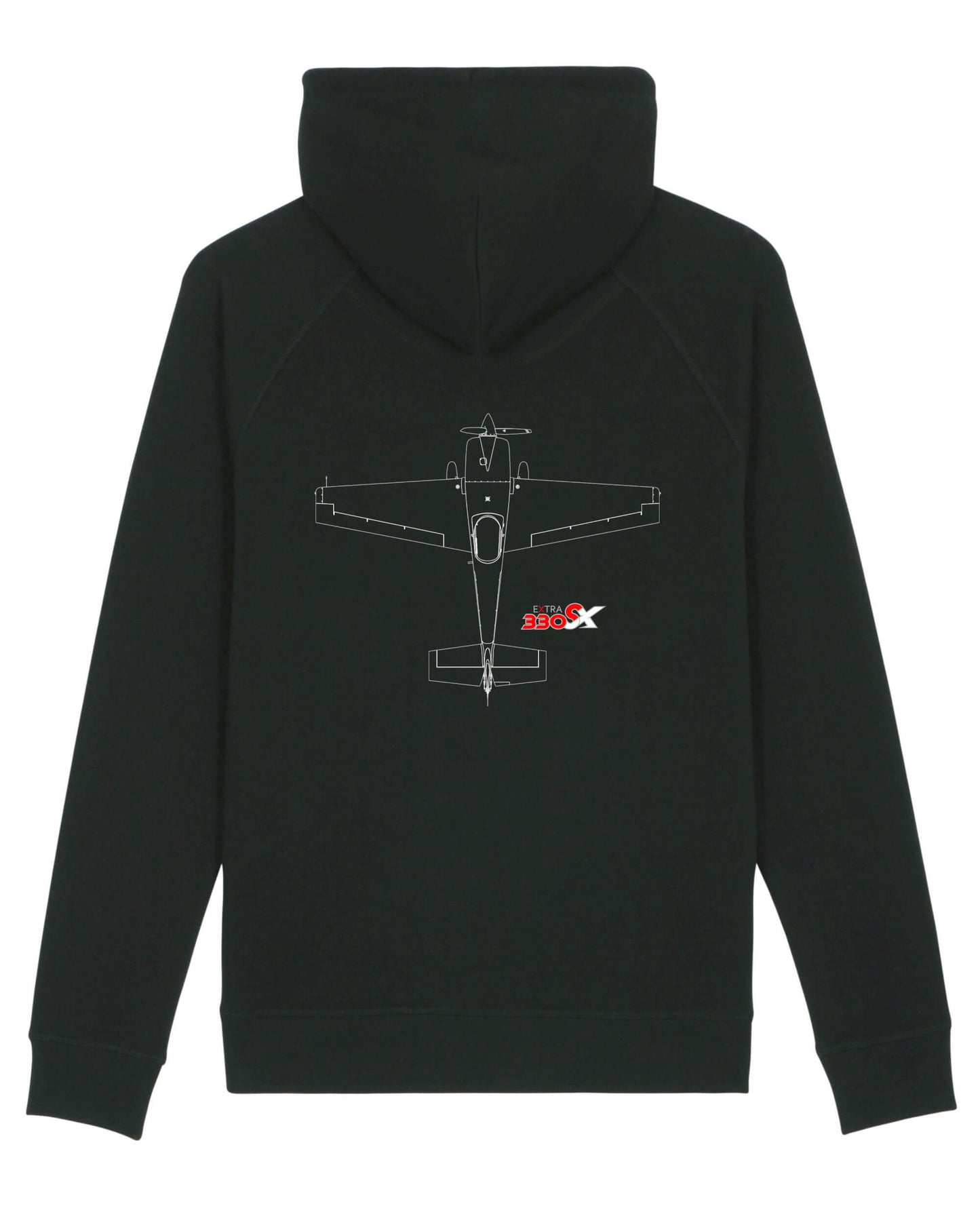 Produktbild eines schwarzen Kapuzenpullovers mit Rückenmotiv. Das Motiv zeigt eine weiße Skizze der Extra 330 SX von oben. Unter dem rechten Flügel wird das Extra 330 SX Modell-Logo dargestellt, das durch die rote Farbe deutlich hervorsticht.