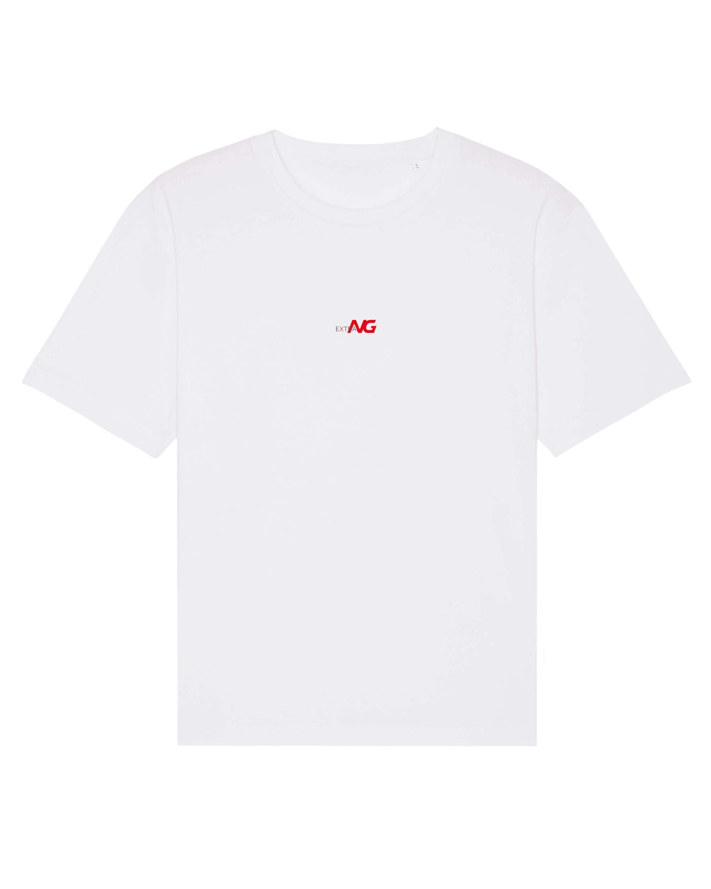 Produktbild eines weißen T-Shirts aus 100% Bio-Baumwolle mit dem EXTRA NG Typlogo, mittig auf der Vorderseite.