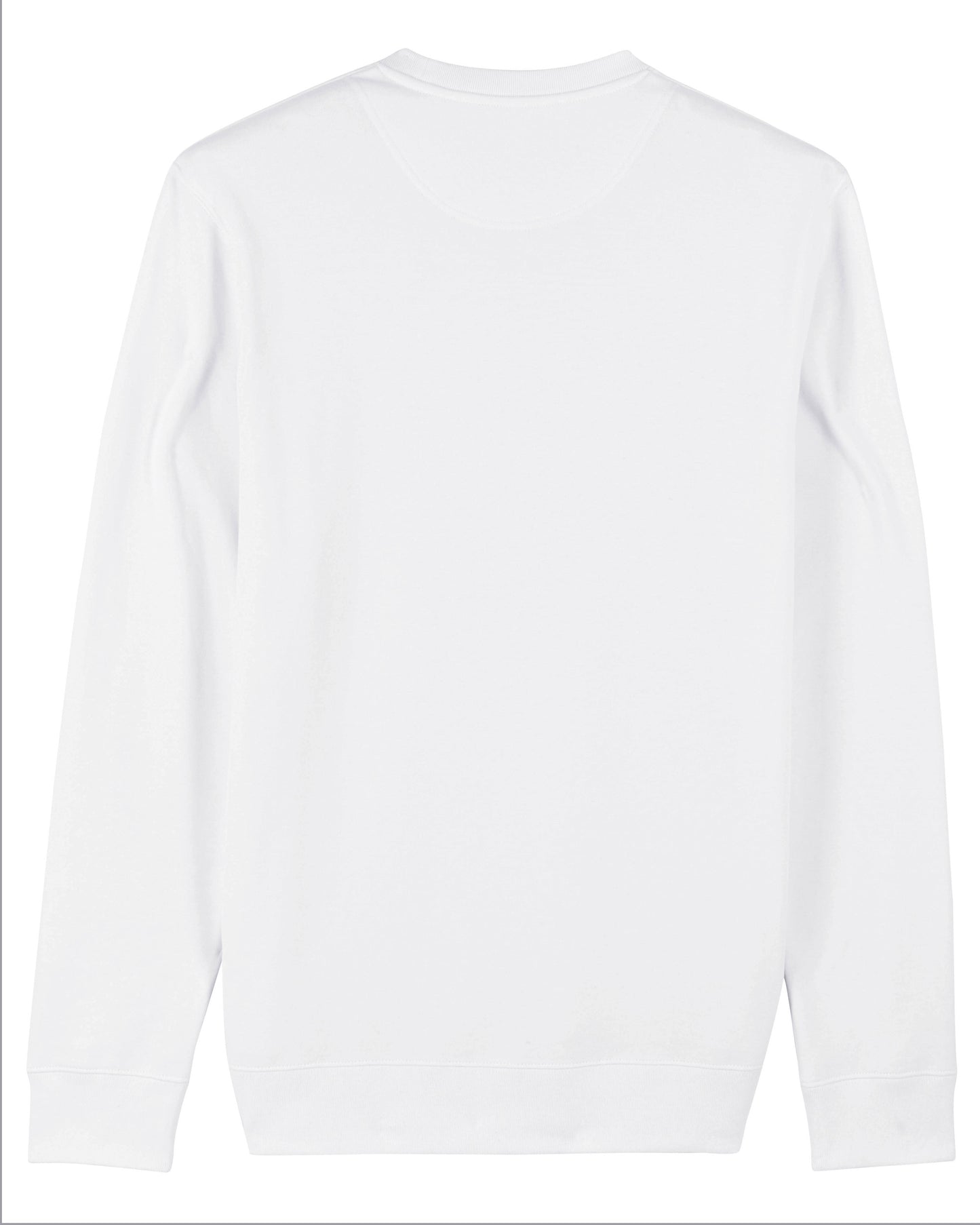 Produktbild eines weißen Sweaters. (Rückseite)