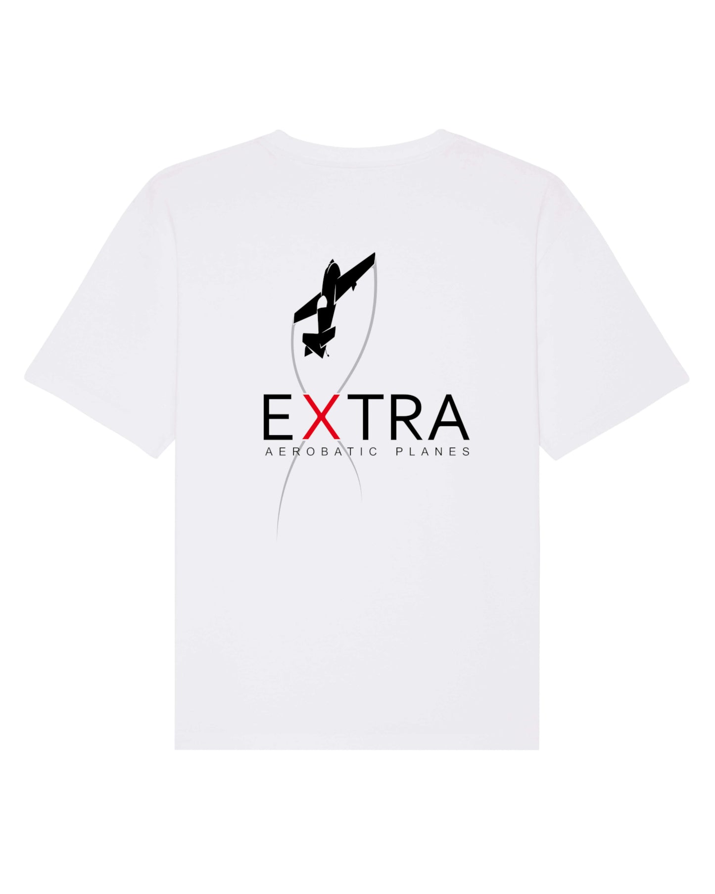 Produktbild eines weißen T-Shirts mit Backprint. Abgedruckt: Das Extra Aerobatic Planes Logo in schwarz mit rotem "X".