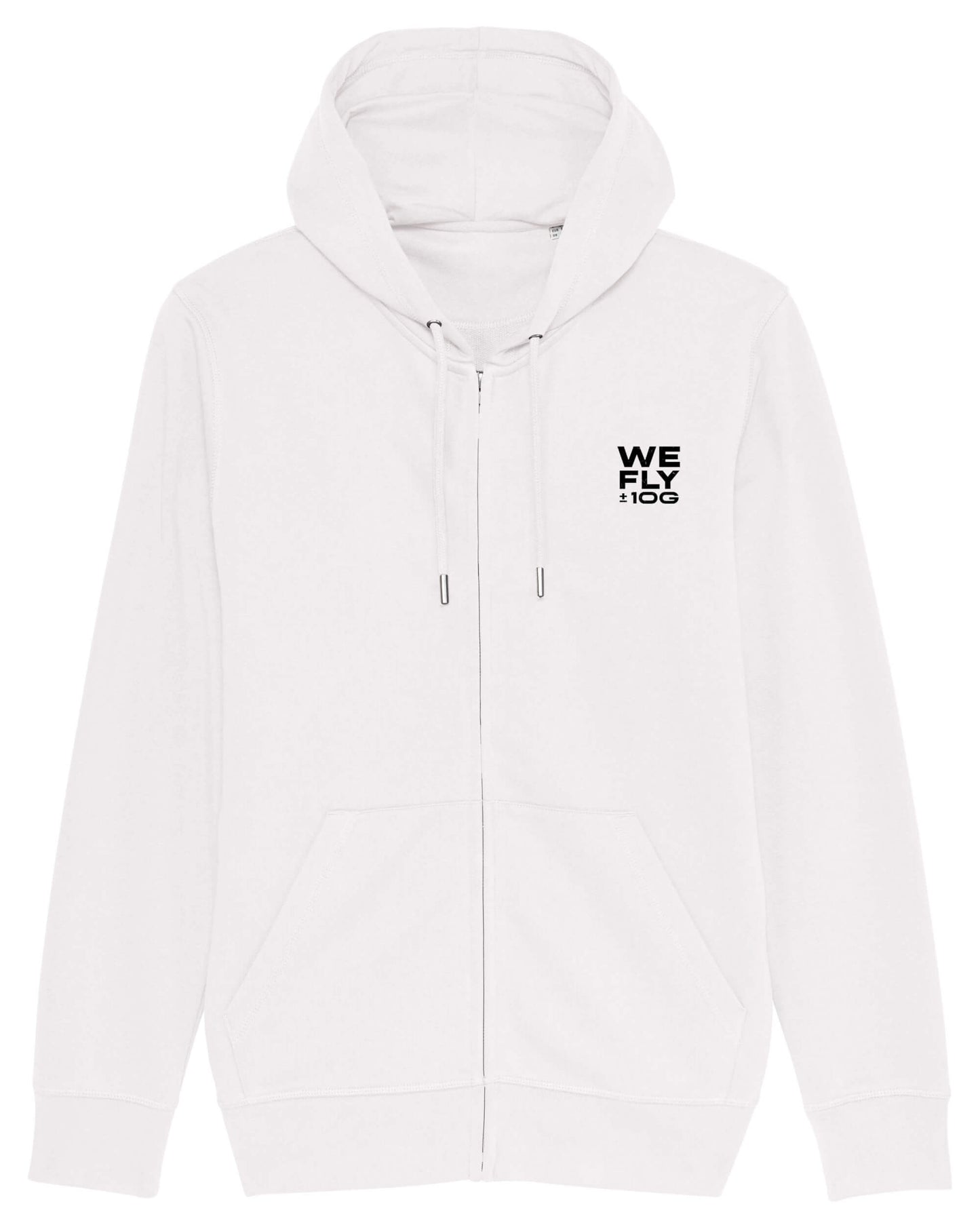 Produktbild einer weißen Strickjacke mit Kapuze. Herzseitig, das schwarze We Fly 10g Motiv, das in starkem, farblichem Kontrast steht und deutlich hervorsticht.