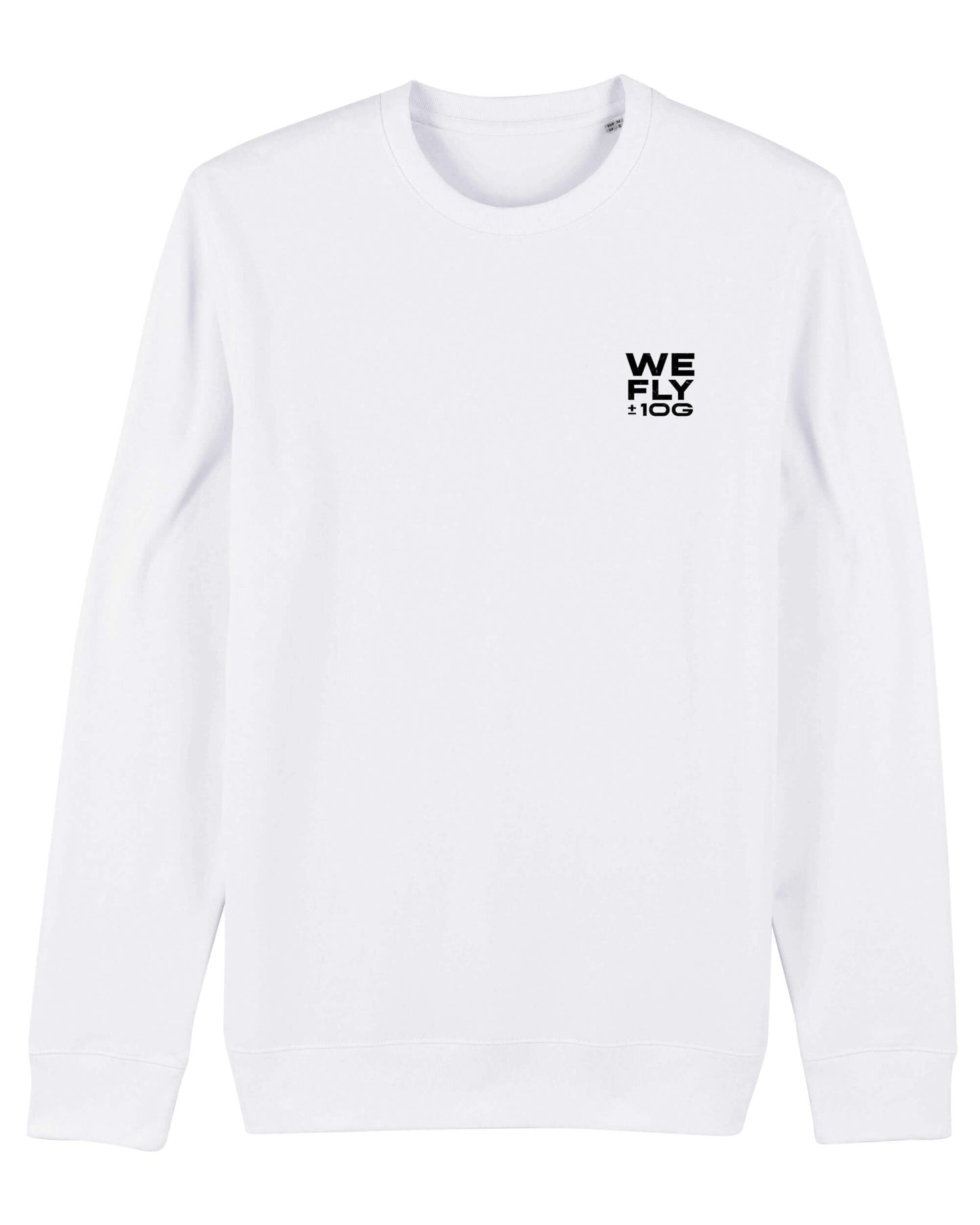 Produktbild des weißen Extra We Fly 10G Sweaters. Herzseitig, das schwarze We Fly 10G Motiv, das in starkem, farblichem Kontrast steht und deutlich hervorsticht.