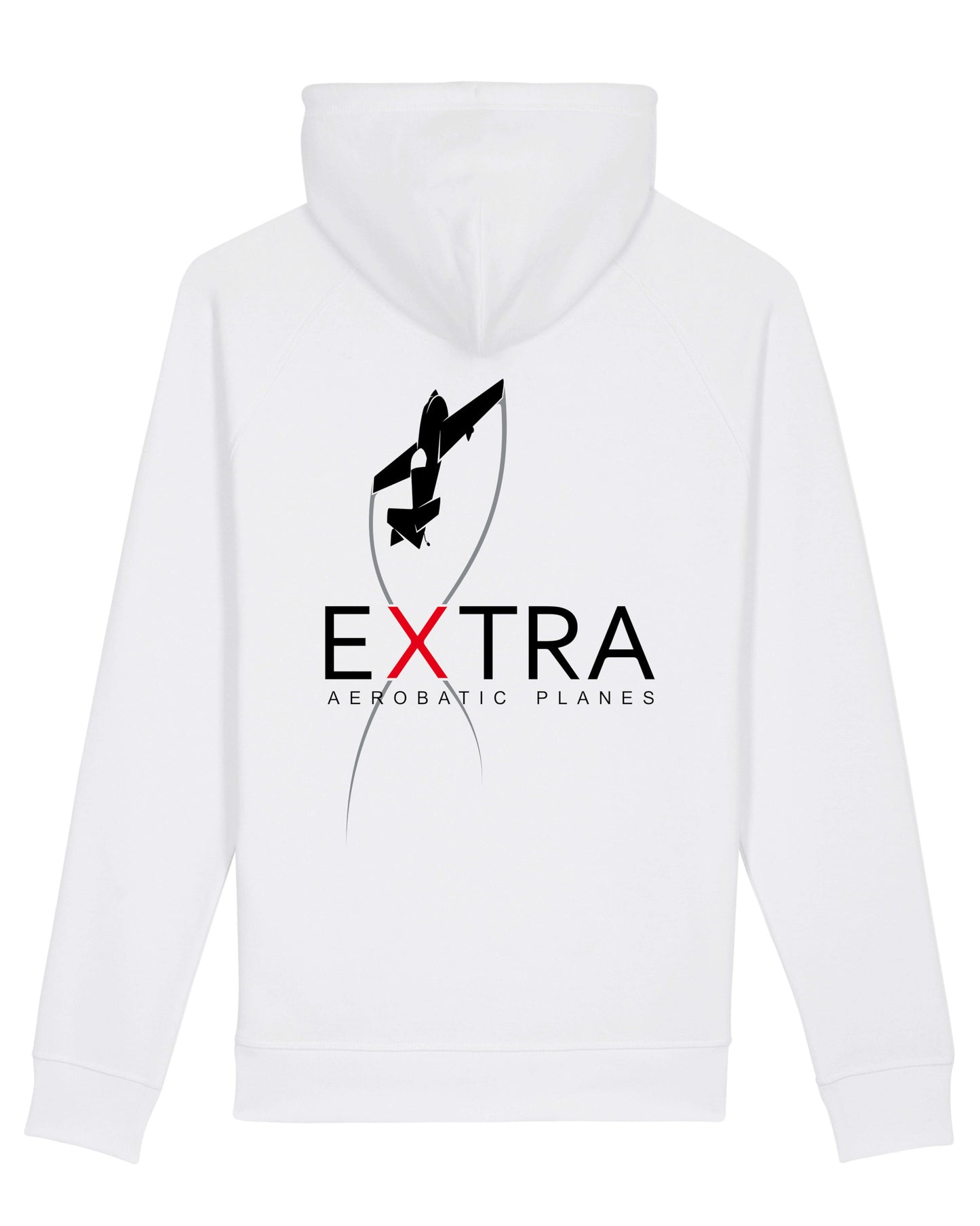 Produktbild des gemütlichen, weißen Extra-Hoodie: Auf der Rückseite ist das Extra Aerobatic Planes Logo als hochwertiges Strickmuster dargestellt.