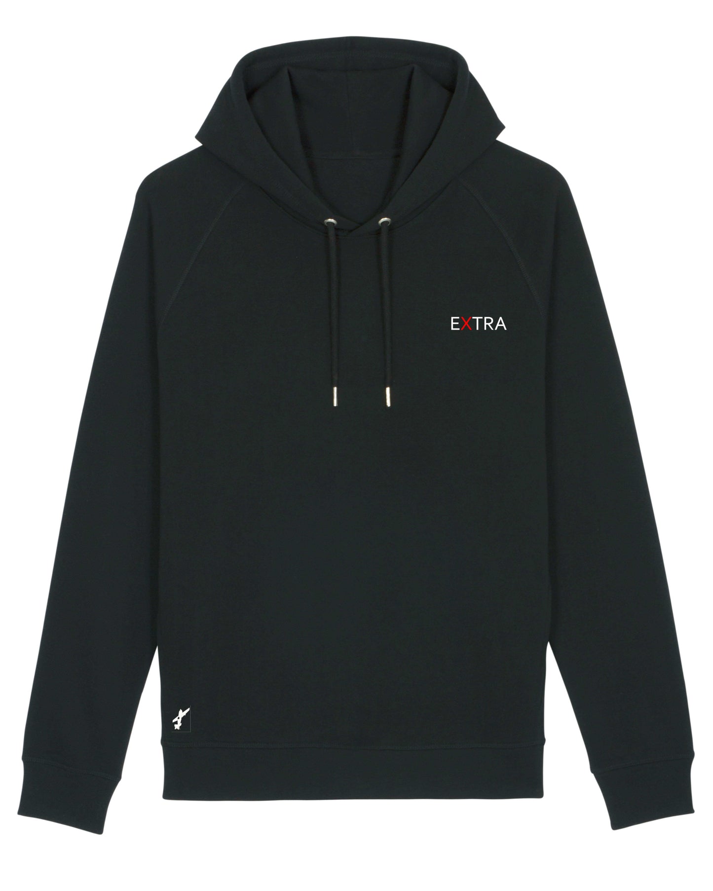 Produktbild eines schwarzen Hoodies. Das ikonische Extra-Unternehmenslogo befindet sich herzseitig auf der Brust. Am unteren Saum auf der rechten Seite ist eine kleine Flugzeugapplikation eingestickt, die subtile Abenteuerlust vermittelt.