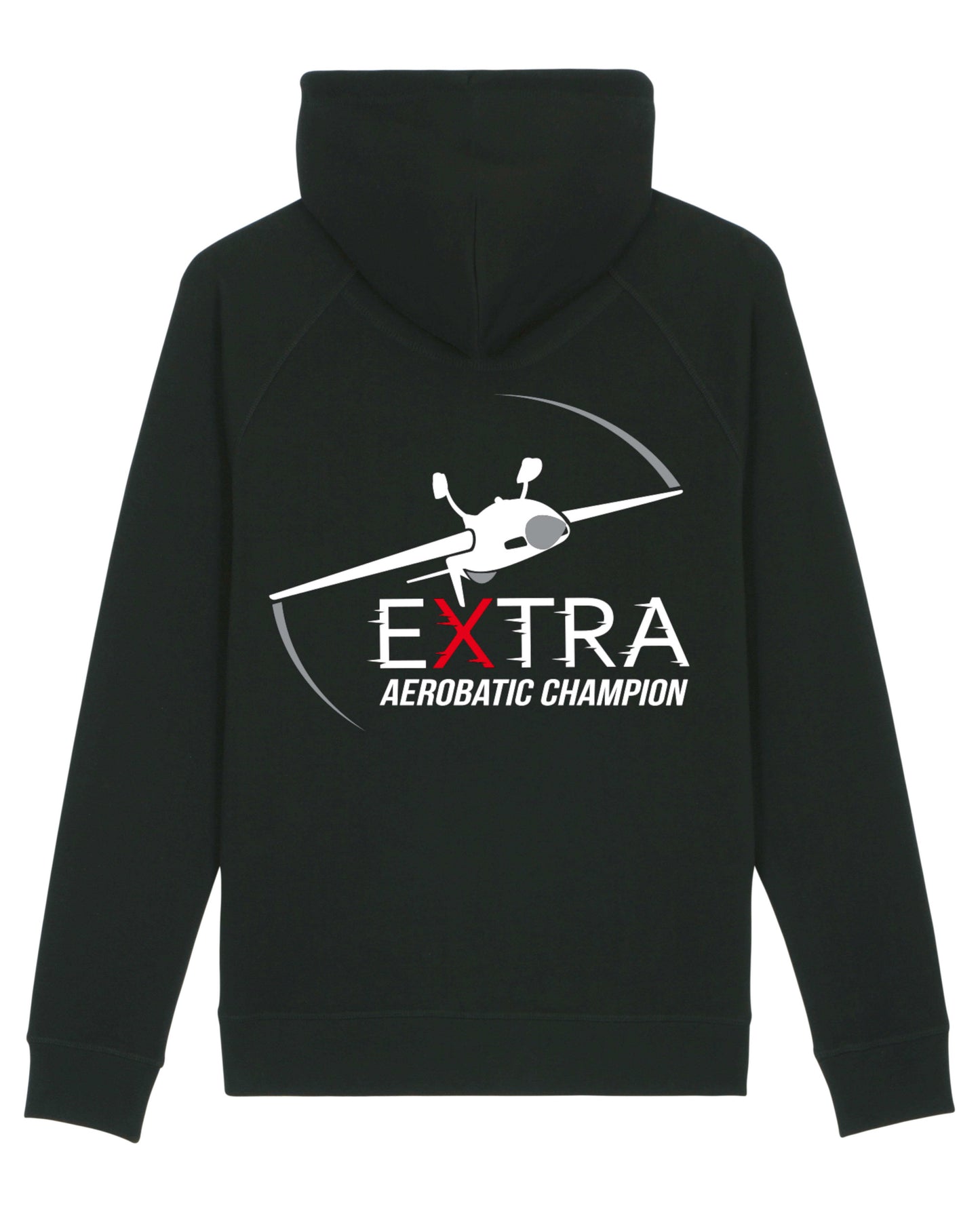 Produktbild einer schwarzen Strickjacke mit Stick-Motiv auf der Rückseite. Abgebildet wird das Extra Aerobatic Champion Logo inkl. der darüber befindlichen Extra 330 SC im Flug.