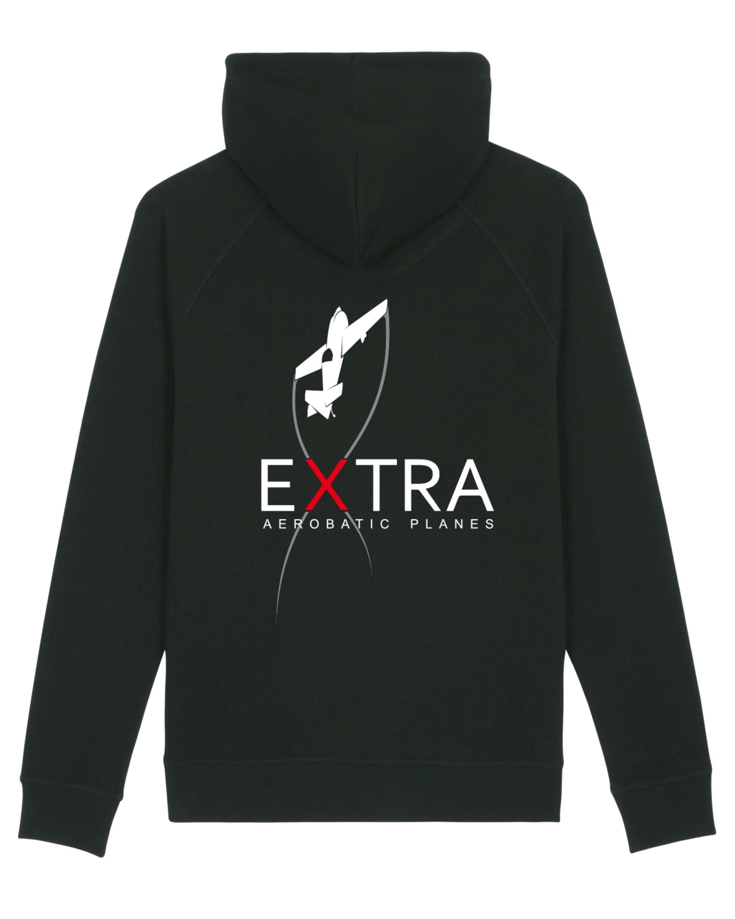 Produktbild des gemütlichen, schwarzen Extra-Hoodie: Auf der Rückseite ist das Extra Aerobatic Planes Logo als hochwertiges Strickmuster dargestellt.