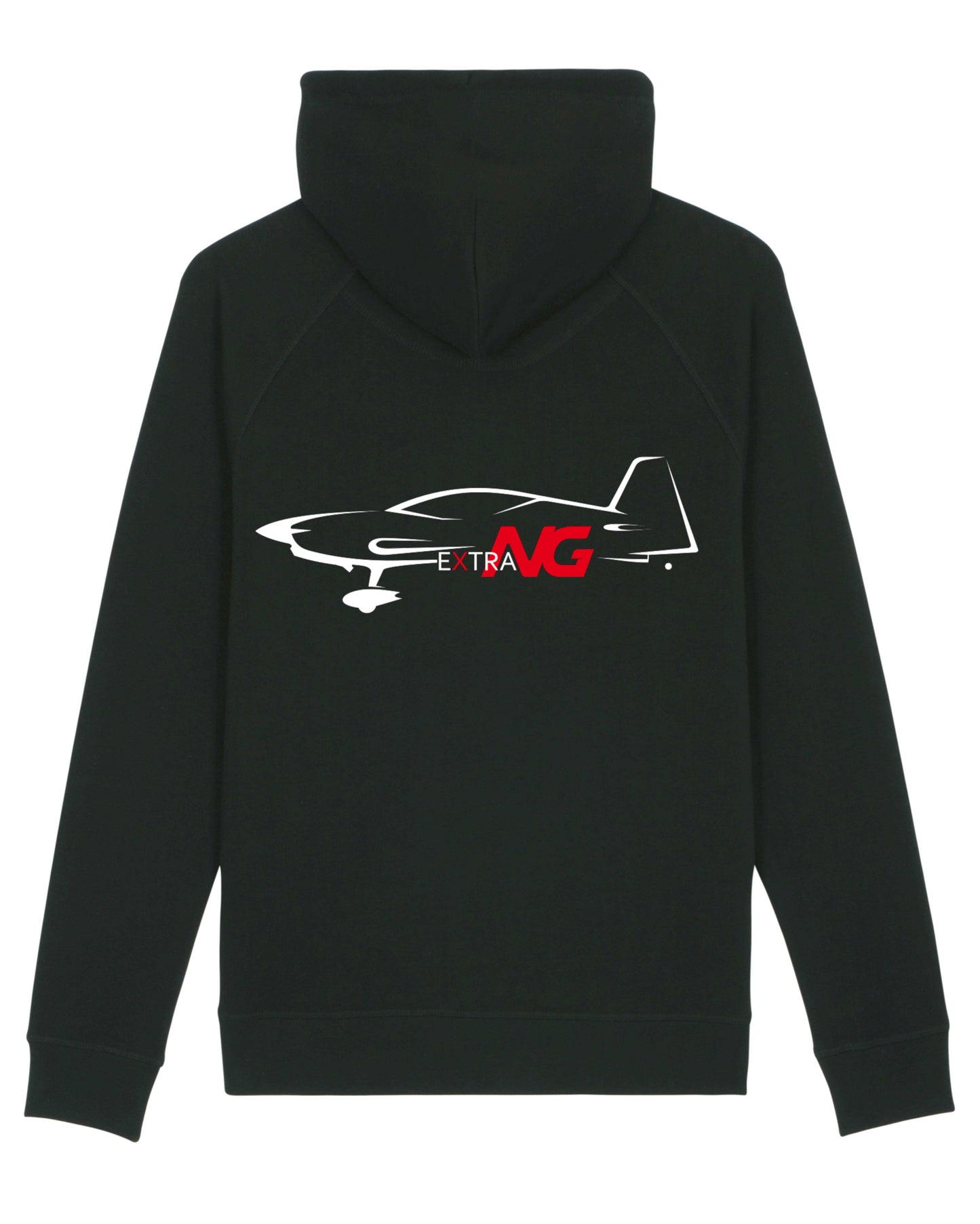 Produktbild eines schwarzen Hoodie. Auf der Rückseite des Hoodie ist die Extra NG Silhouette abstrakt in weiß abgebildet. Das Extra NG Modelllogo ist in der Struktur der Silhouette eingebettet und bildet durch die rote Farbe einen starken Kontrast zum Rest des Shirts.