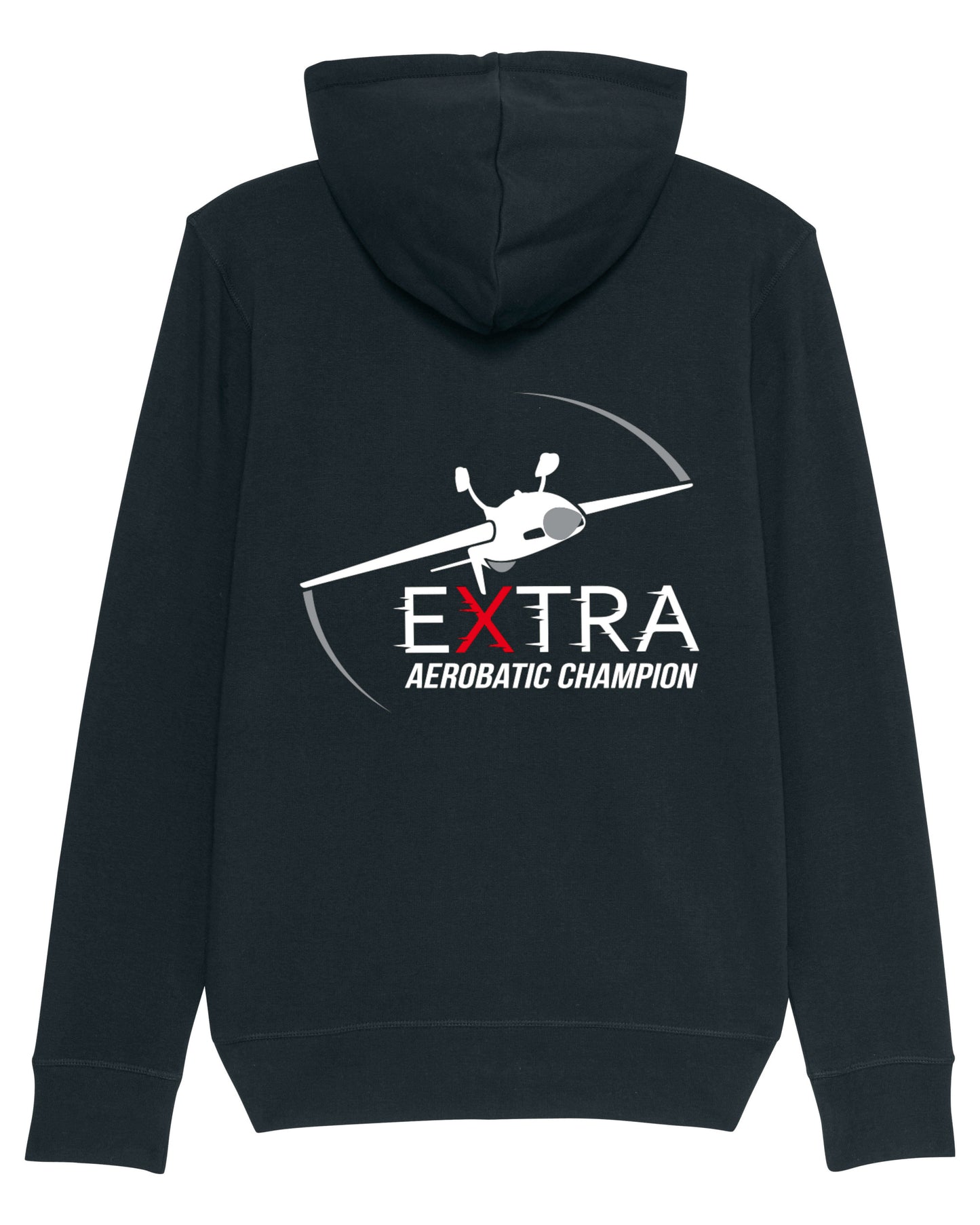 Produktbild der gemütlichen schwarzen Extra-Strickjacke: Auf der Rückseite ist das Extra Aerobatic Champions Logo als hochwertiges Strickmuster dargestellt (inkl. der kopfstehenden Extra 330SC).