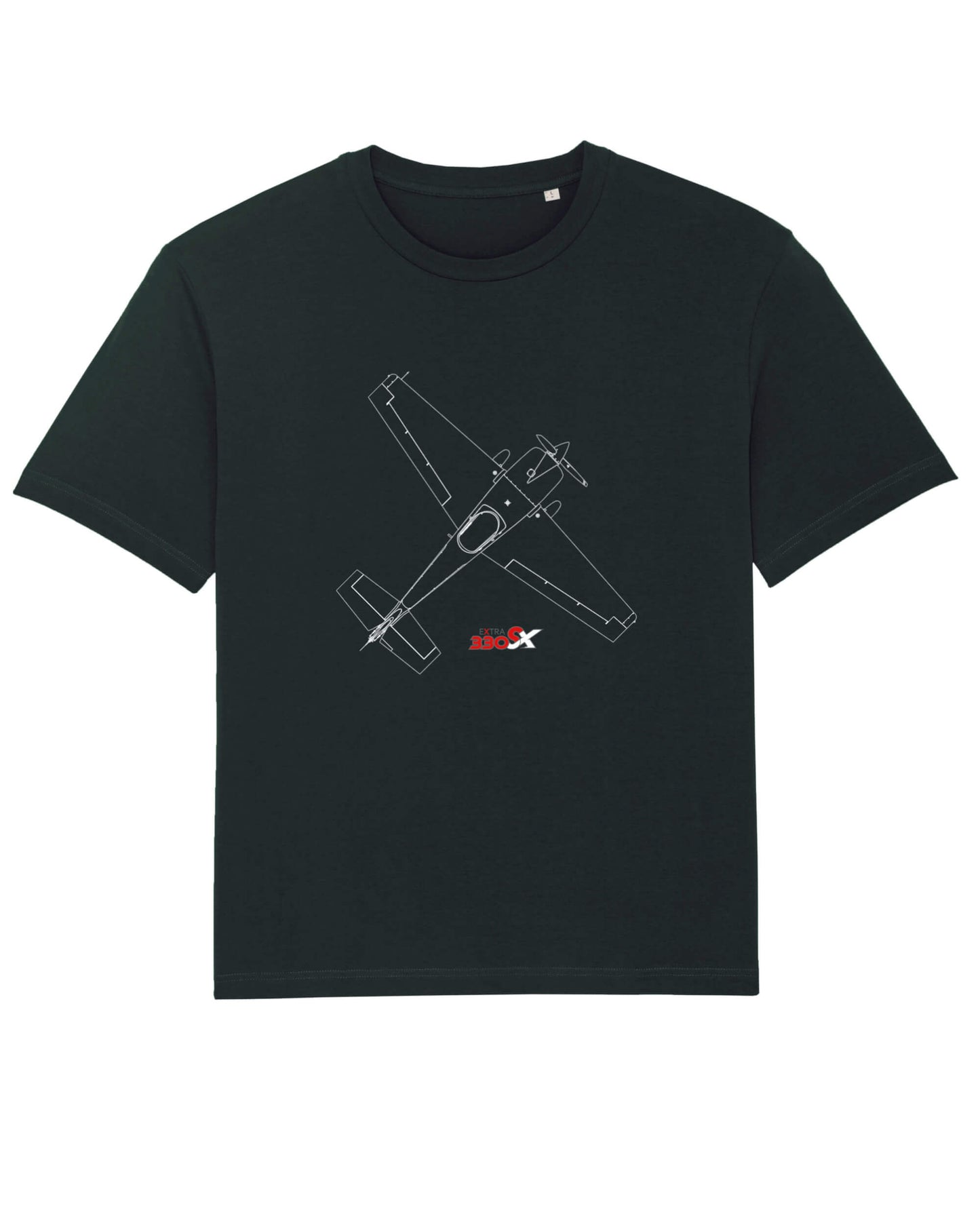 Produktbild eines schwarzen T-shirts aus 100% Bio-Baumwolle mit dem EXTRA 330-SX Typlogo mittig, auf der Vorderseite. Darüber ist eine technische Zeichnung der EA-330 SX, Top-view, 45° rechtsseitig gedreht, als Printmotiv abgebildet.