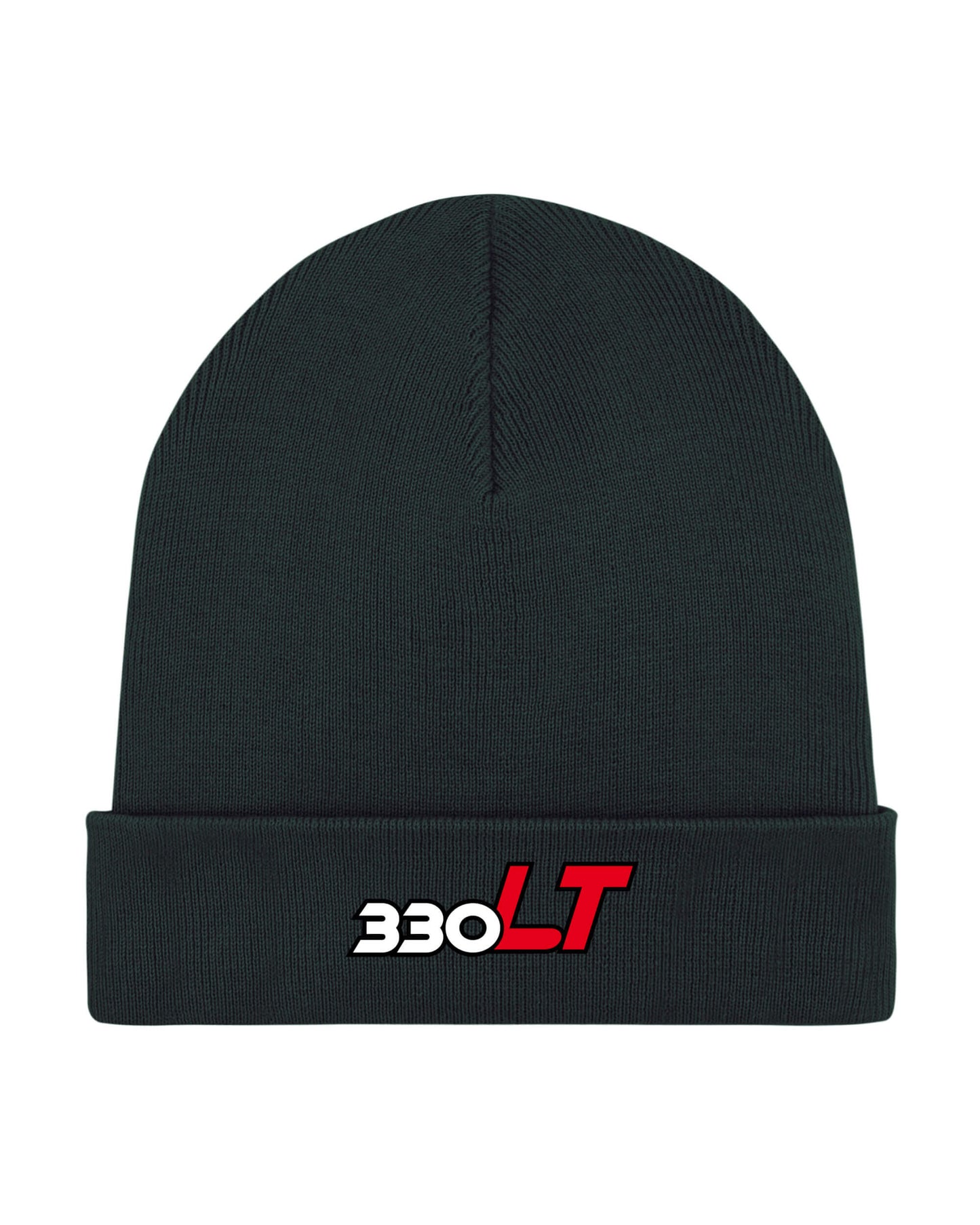 Produktbild der schwarzen Strick-Mütze vor weißem Hintergrund. Dargestellt wird das Extra 330 LT Typ-Logo.