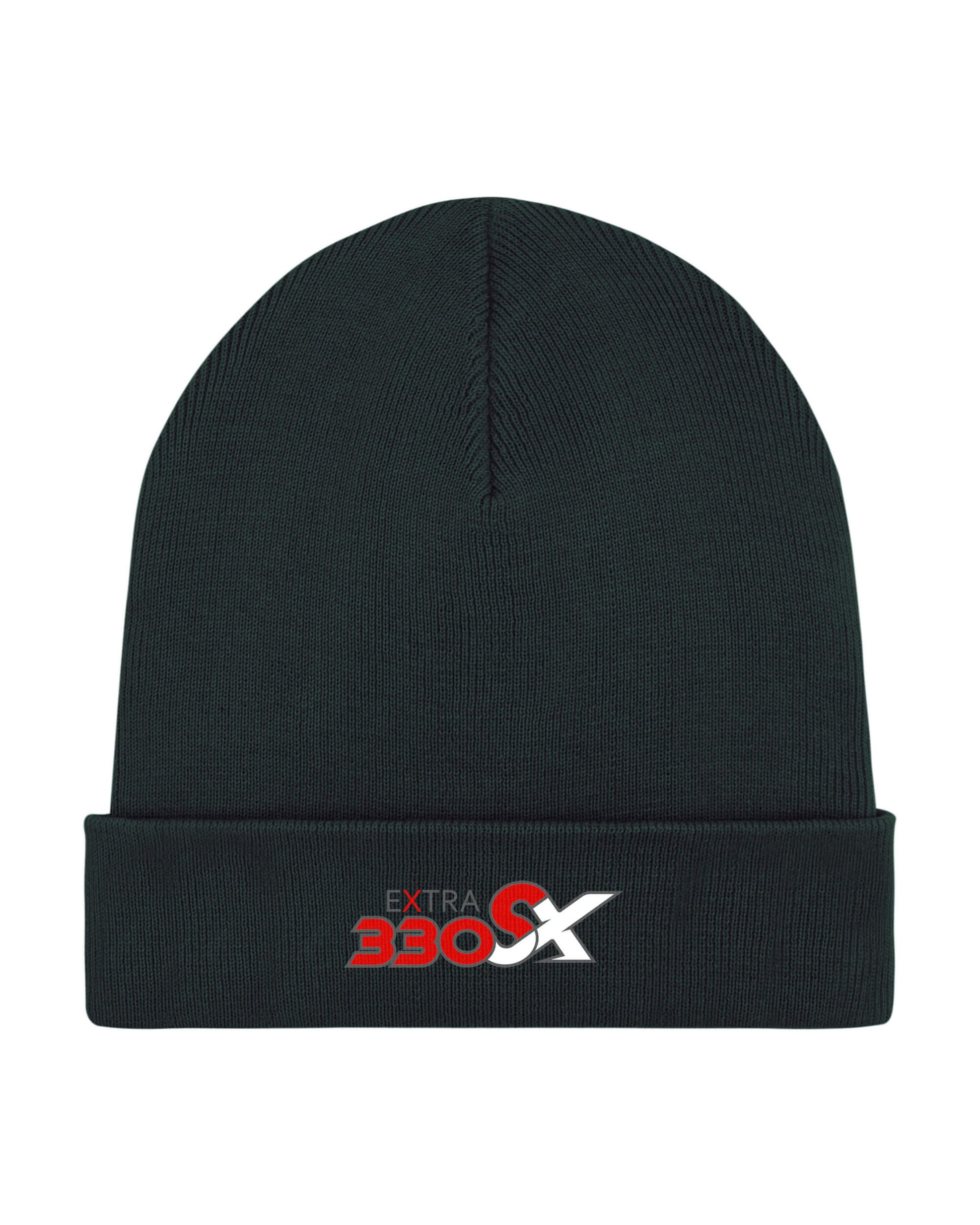 Produktbild der schwarzen Strick-Mütze vor weißem Hintergrund. Dargestellt wird das Extra 330 SX Typ-Logo