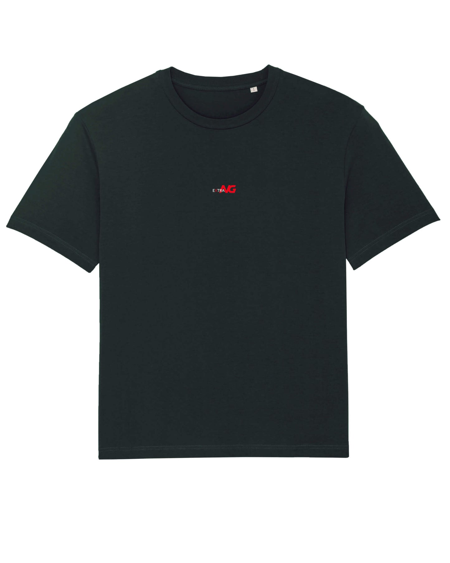 Produktbild eines schwarzen T-Shirts aus 100% Bio-Baumwolle mit dem EXTRA NG Typlogo, mittig auf der Vorderseite. 