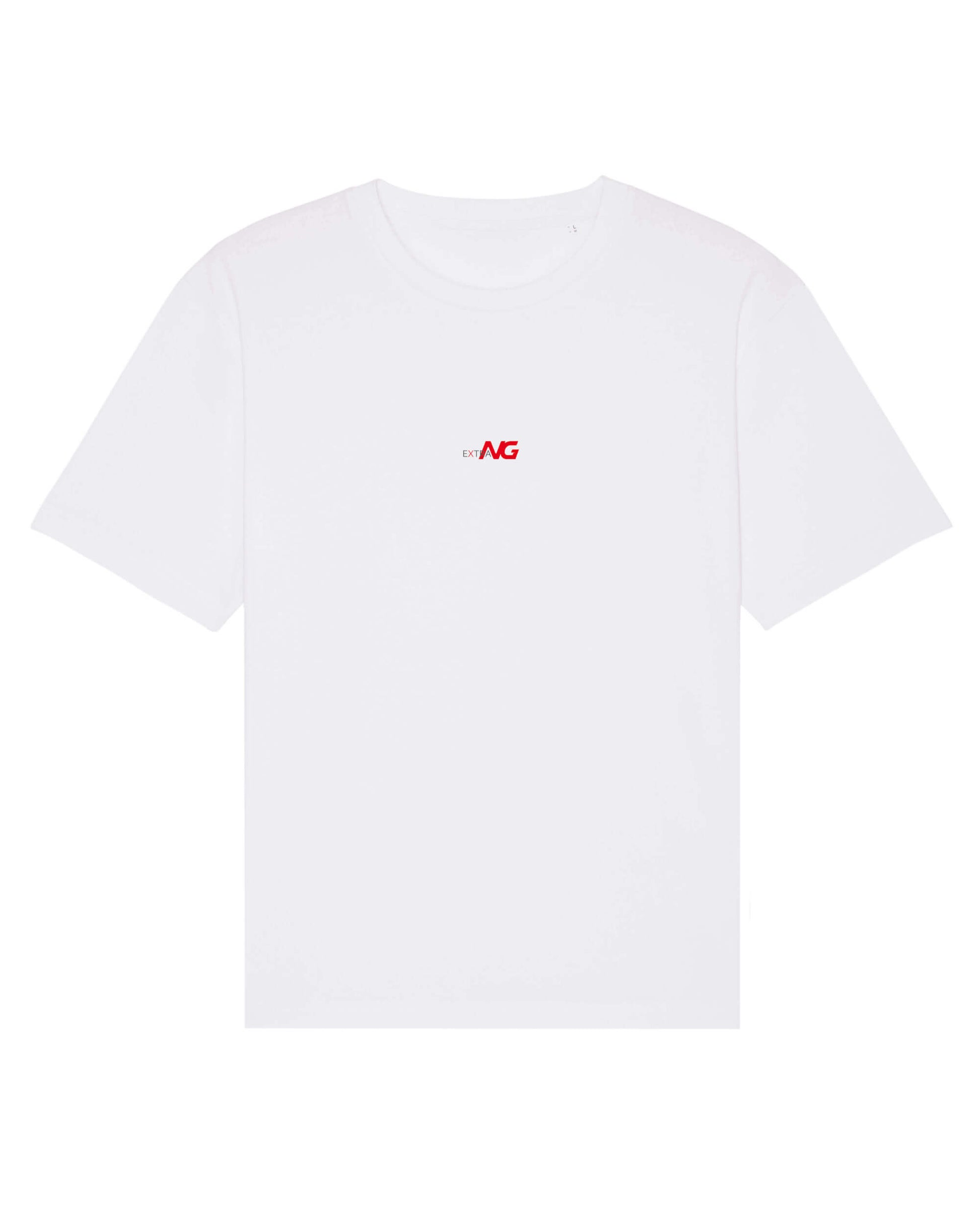 Produktbild eines weißen T-Shirts aus 100% Bio-Baumwolle mit dem EXTRA NG Typlogo, mittig auf der Vorderseite.