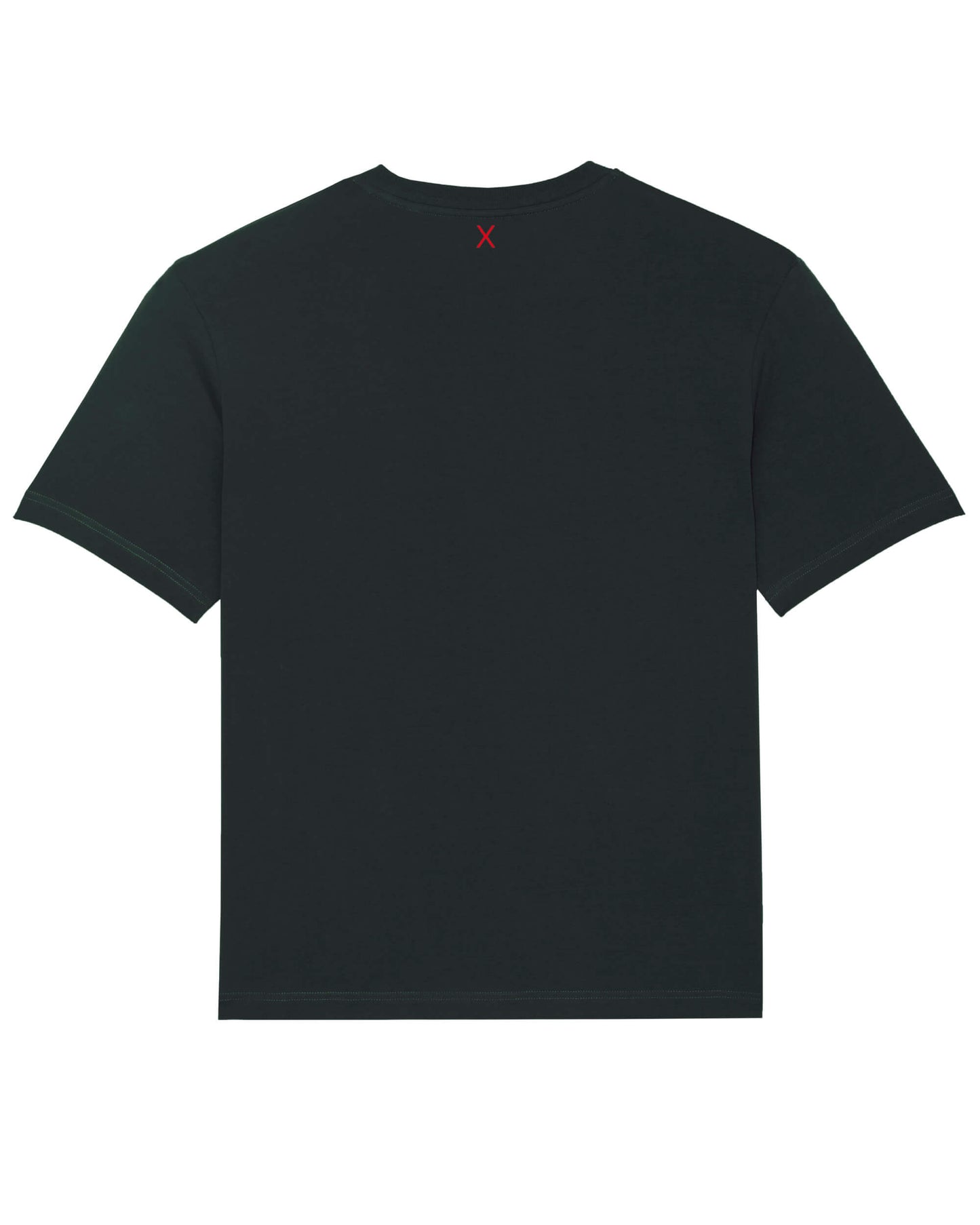 Produktbild eine schwarzen T-Shirts (Rückseite). Mittig unter dem Nacken-Saum befindet sich das ikonische Extra X in rot, das in starkem, farblichen Kontrast steht und deutlich hervorsticht.