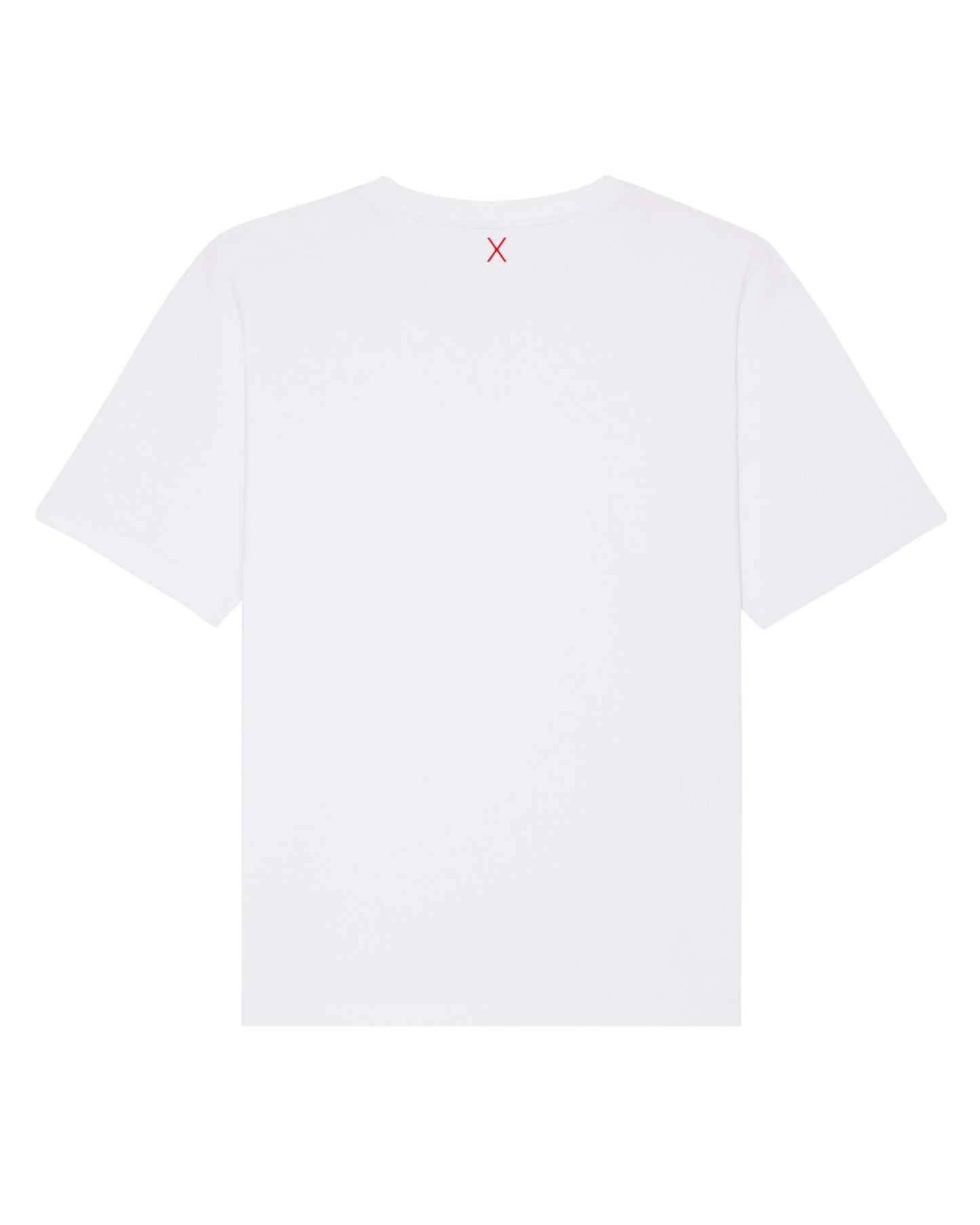 Produktbild eines weißen T-Shirt (Rückseite). Mittig, direkt unter dem Nackensaum ist das ikonische Extra "X" in rot.