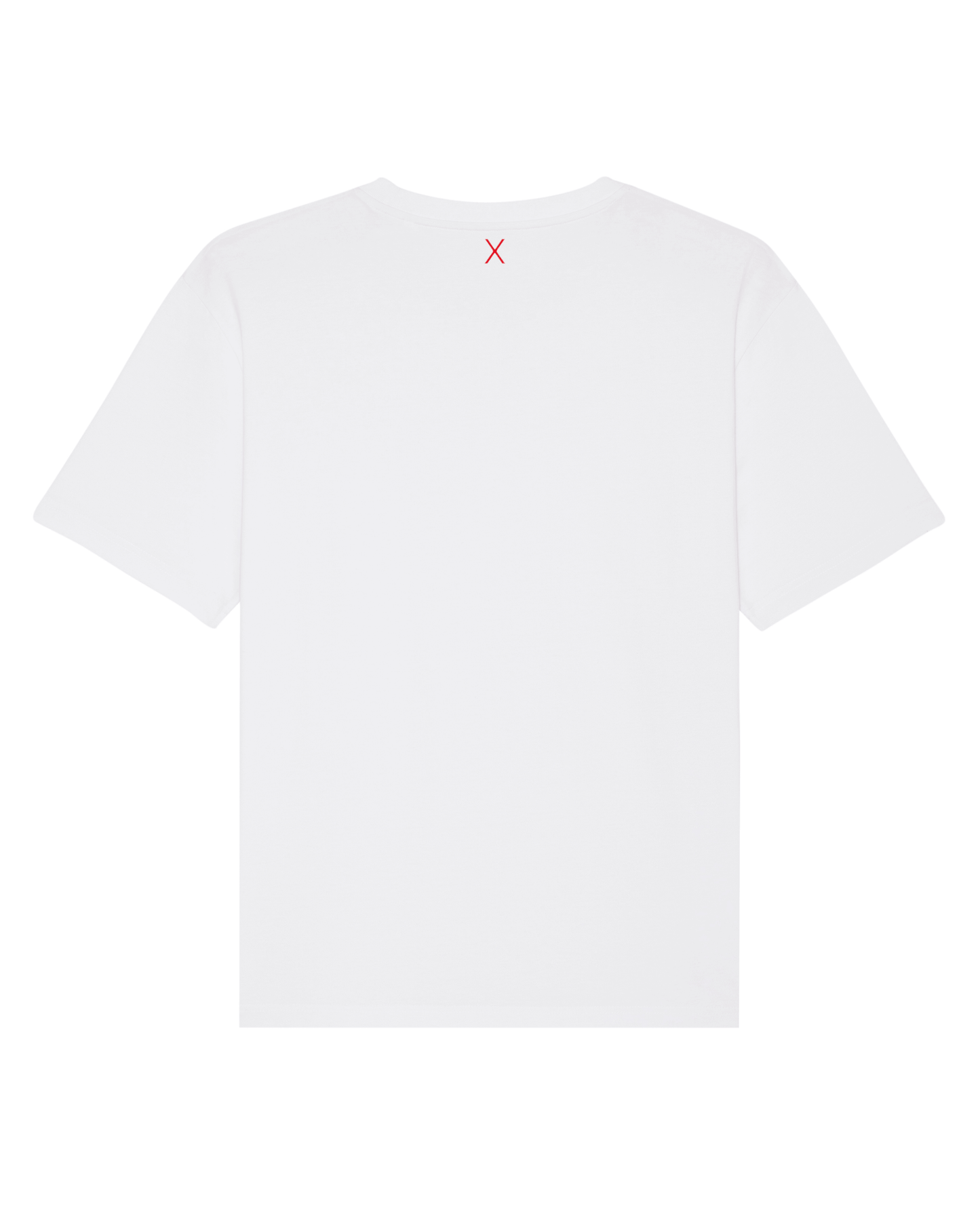 Weißes T-Shirt (Rückseite). Mittig, direkt unter dem Nackensaum ist das ikonische Extra "X" in rot.