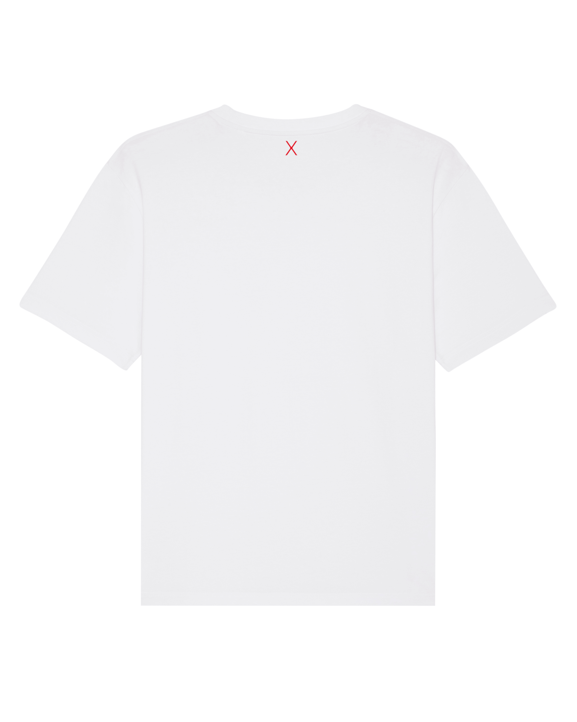 Weißes T-Shirt (Rückseite). Mittig, direkt unter dem Nackensaum ist das ikonische Extra "X" in rot.
