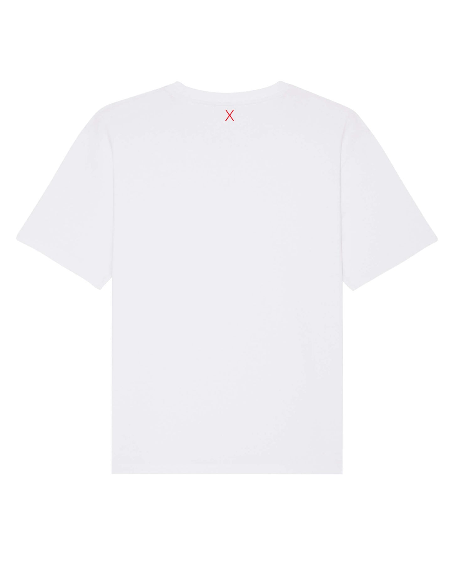 Produktbild eines weißen T-Shirts (Rückseite). Mittig, direkt unter dem Nackensaum ist das ikonische Extra "X" in rot.