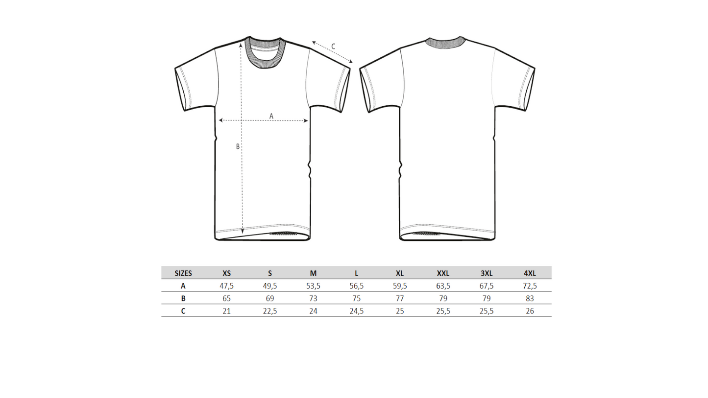 T-Shirt Größentabelle. Dargestellt werden die verfügbaren Größenabmessungen von XS - 4XL für Länge, Breite und Ärmellänge. Maßangaben in CM.