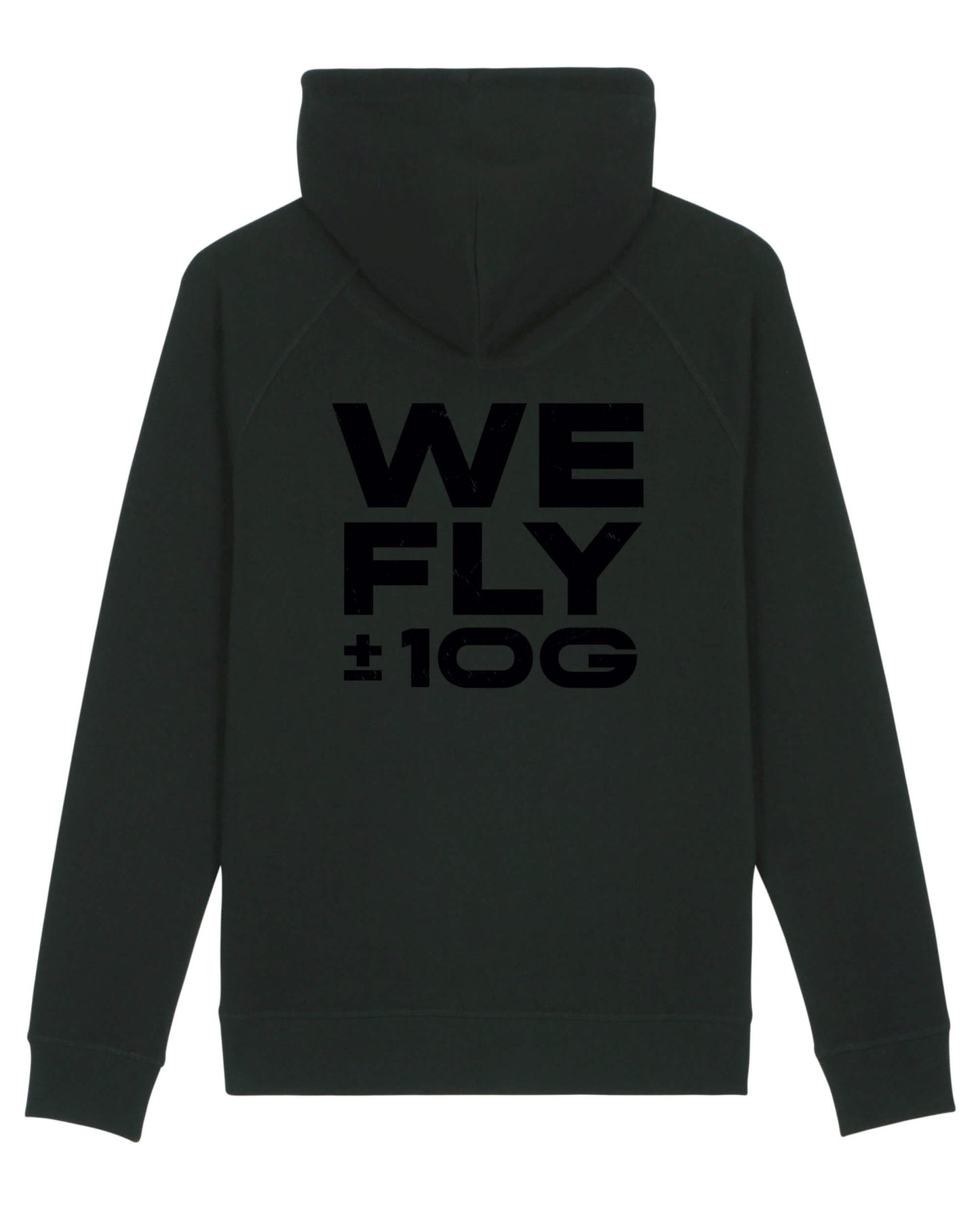 Produktbild des gemütlichen, schwarzen Extra-Hoodie: Dargestellt wird das Extra "We Fly +/- 10G" Motiv als schwarzer Backprint.