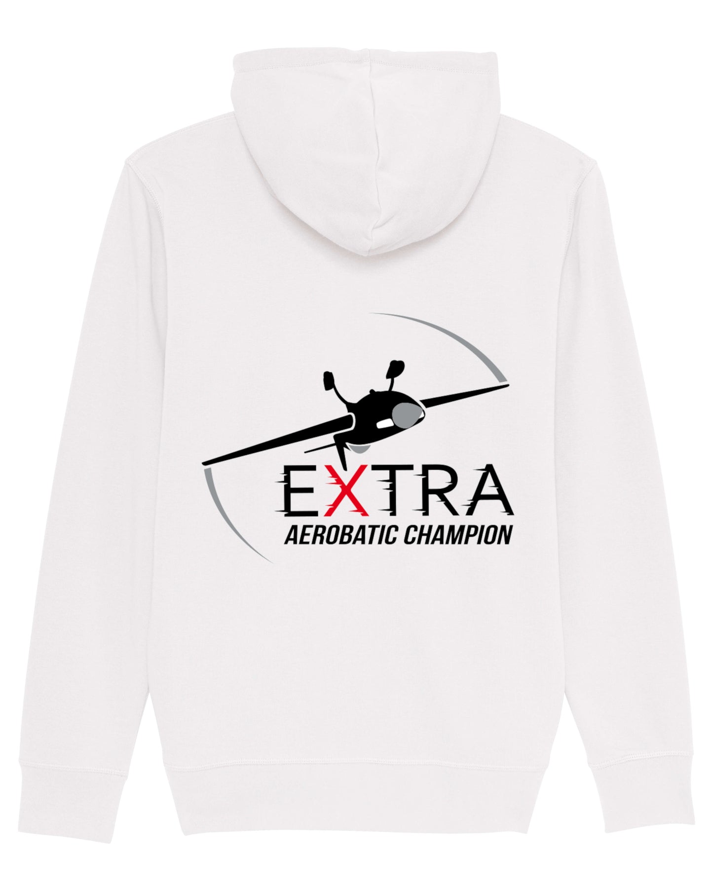 Produktbild der gemütlichen weißen Extra-Strickjacke: Auf der Rückseite ist das Extra Aerobatic Champions Logo als hochwertiges Strickmuster dargestellt (inkl. der kopfstehenden Extra 330SC).