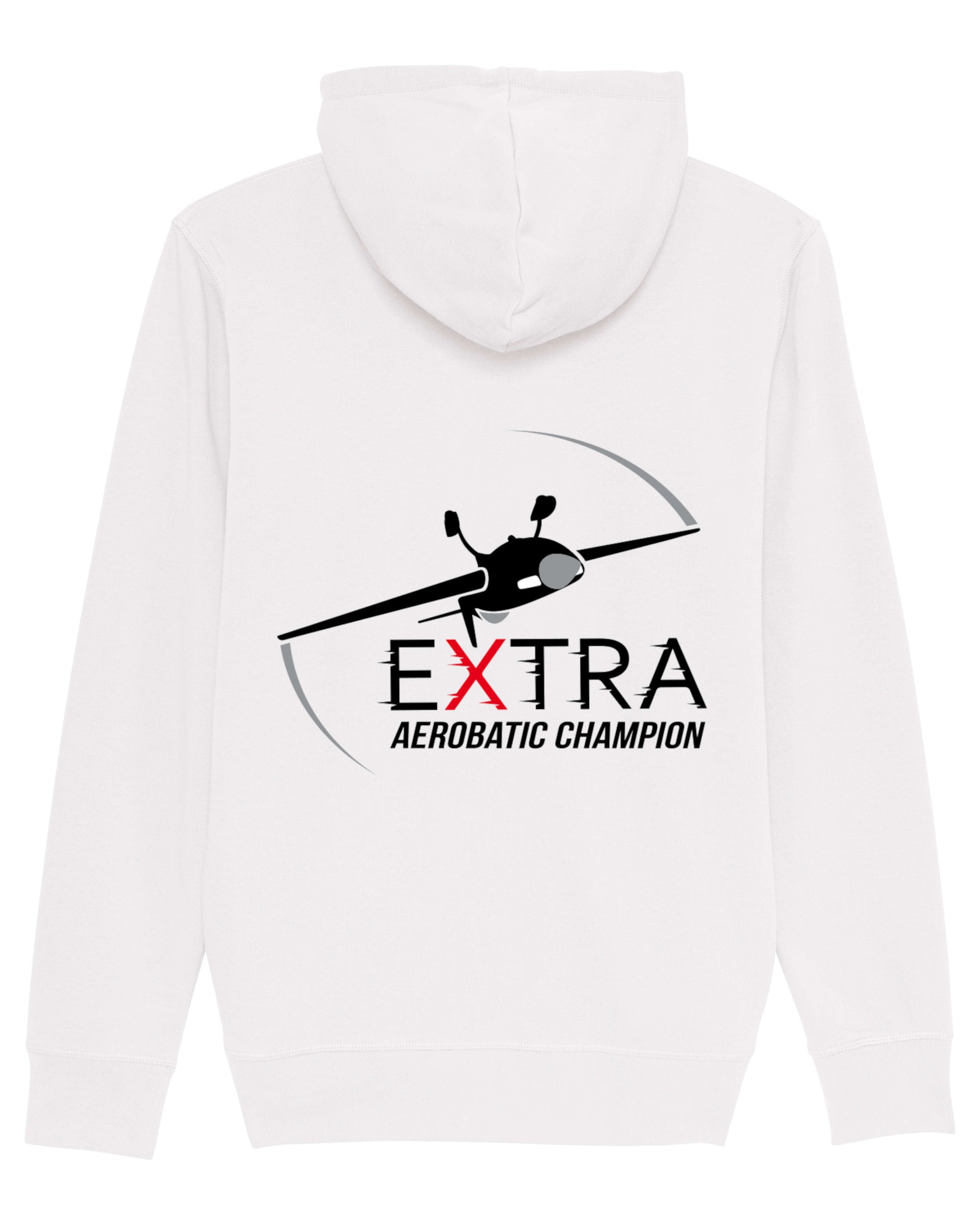 Produktbild der gemütlichen weißen Extra-Strickjacke: Auf der Rückseite ist das Extra Aerobatic Champions Logo als hochwertiges Strickmuster dargestellt (inkl. der kopfstehenden Extra 330SC).