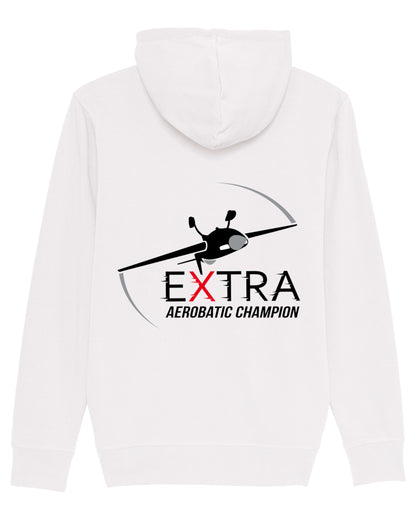 Produktbild der gemütlichen weißen Extra-Strickjacke: Auf der Rückseite ist das Extra Aerobatic Champions Logo als hochwertiges Strickmuster dargestellt (inkl. der kopfstehenden Extra 330SC).