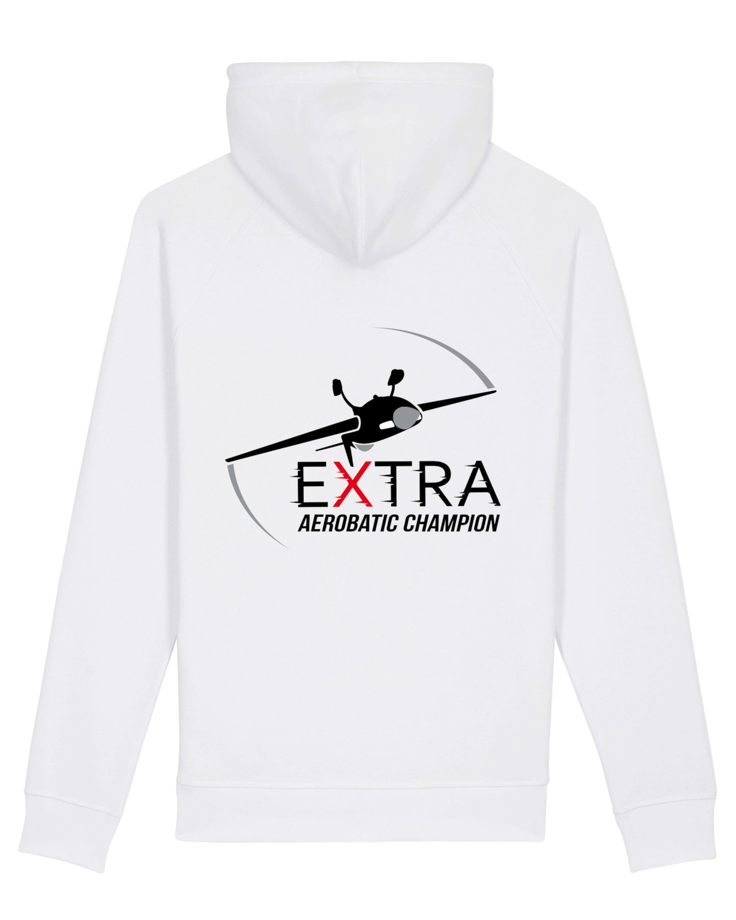 Produktbild einer weißen Strickjacke mit Stick-Motiv auf der Rückseite. Abgebildet wird das Extra Aerobatic Champion Logo inkl. der darüber befindlichen Extra 330 SC im Flug.