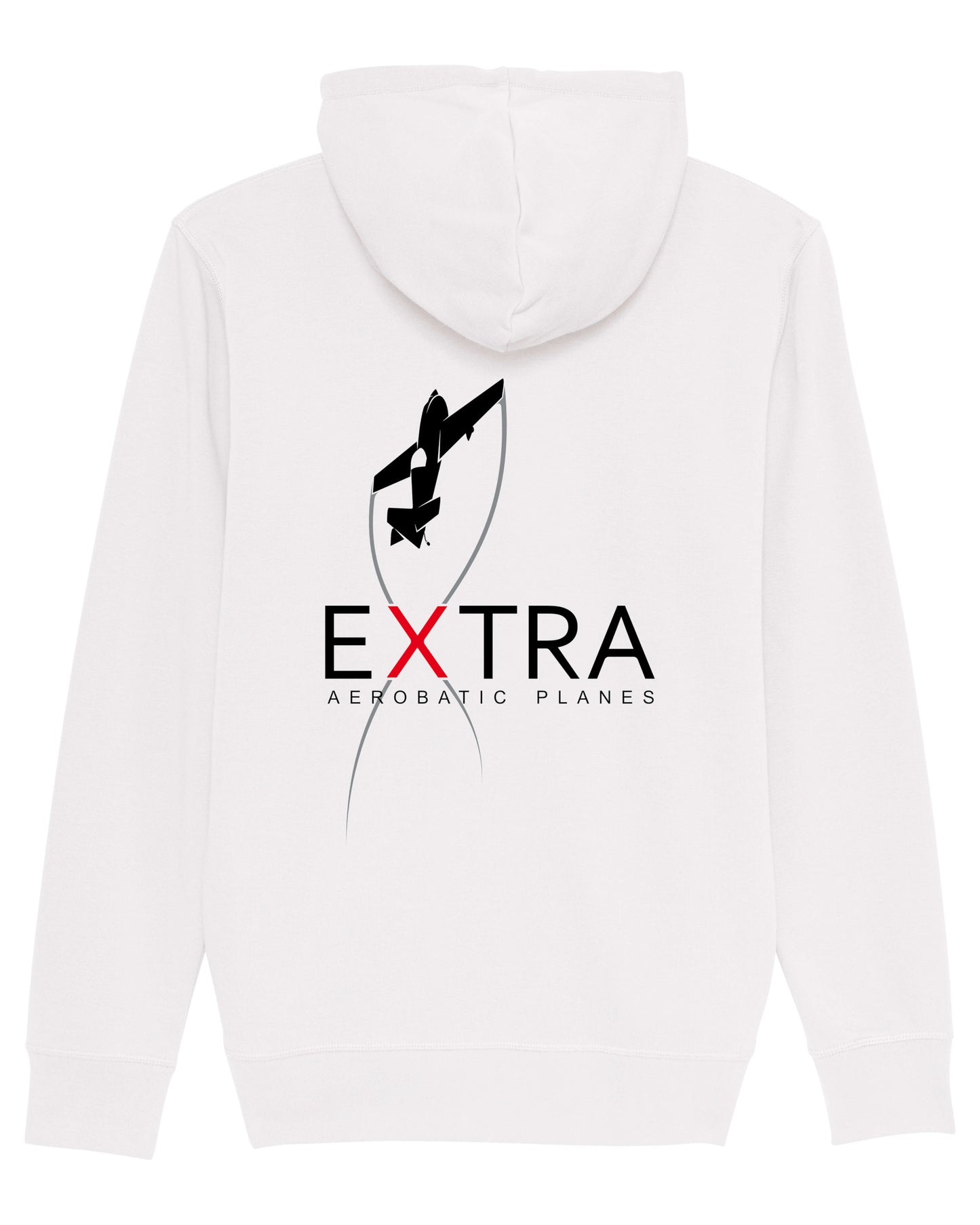 Produktbild der gemütlichen, weißen Extra-Strickjacke: Auf der Rückseite ist das Extra Aerobatic Planes Logo als hochwertiges Strickmuster dargestellt.