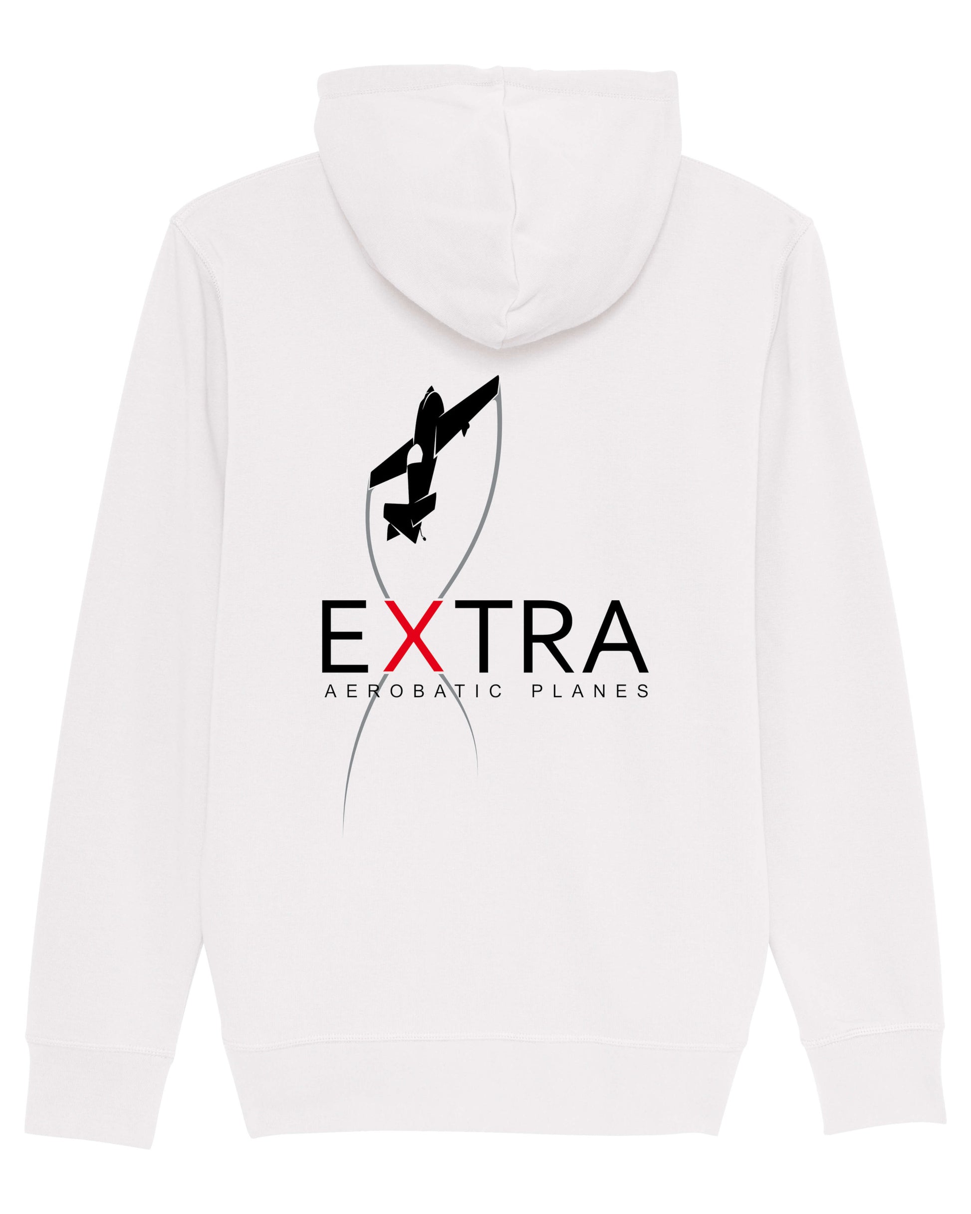 Produktbild der gemütlichen, weißen Extra-Strickjacke: Auf der Rückseite ist das Extra Aerobatic Planes Logo als hochwertiges Strickmuster dargestellt.
