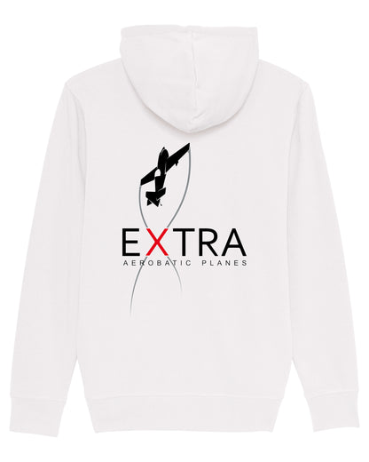 Produktbild der gemütlichen, weißen Extra-Strickjacke: Auf der Rückseite ist das Extra Aerobatic Planes Logo als hochwertiges Strickmuster dargestellt.