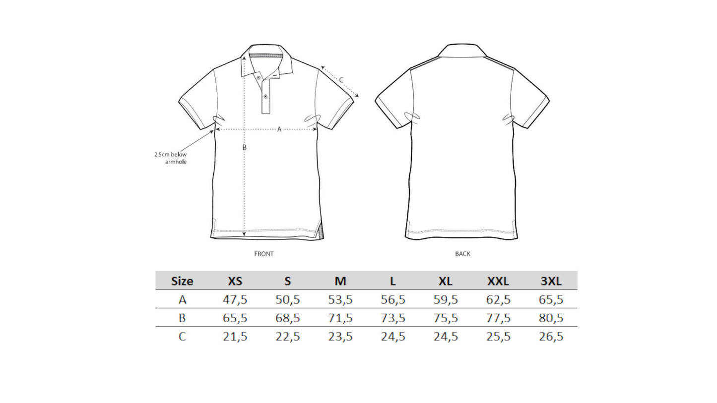 Polo-Shirt Größentabelle. Dargestellt werden die verfügbaren Größenabmessungen von XS-3XL für Länge, Breite und Ärmellänge. Maßangaben in CM