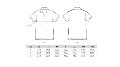 Polo-Shirt Größentabelle. Dargestellt werden die verfügbaren Größenabmessungen von XS-3XL für Länge, Breite und Ärmellänge. Maßangaben in CM
