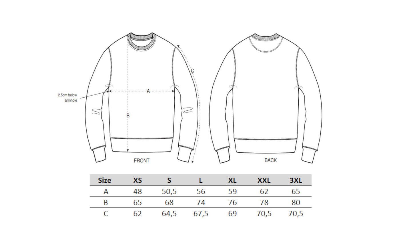 Sweater Größentabelle. Dargestellt werden die verfügbaren Größenabmessungen von XS-3XL für Länge, Breite und Ärmellänge. Maßangaben in CM.