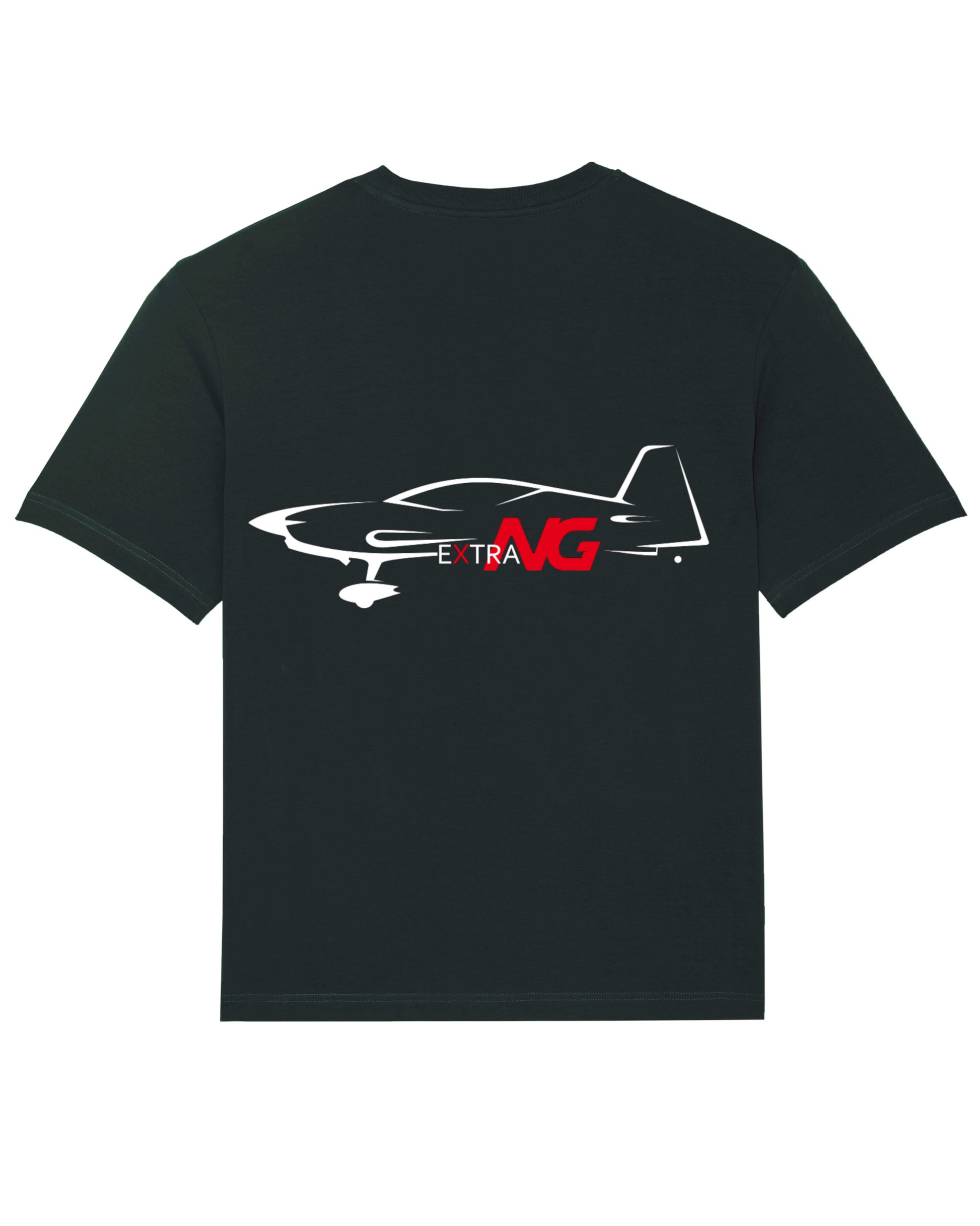 Produktbild eines schwarzen T-Shirts mit Backprint: Auf der Rückseite des Shirts ist die Extra NG Silhouette abstrakt in weiß abgebildet. Das Extra NG Modelllogo ist in die Struktur der Silhouette eingebettet und bildet durch die rote Farbe einen starken Kontrast zum Rest des Shirts.