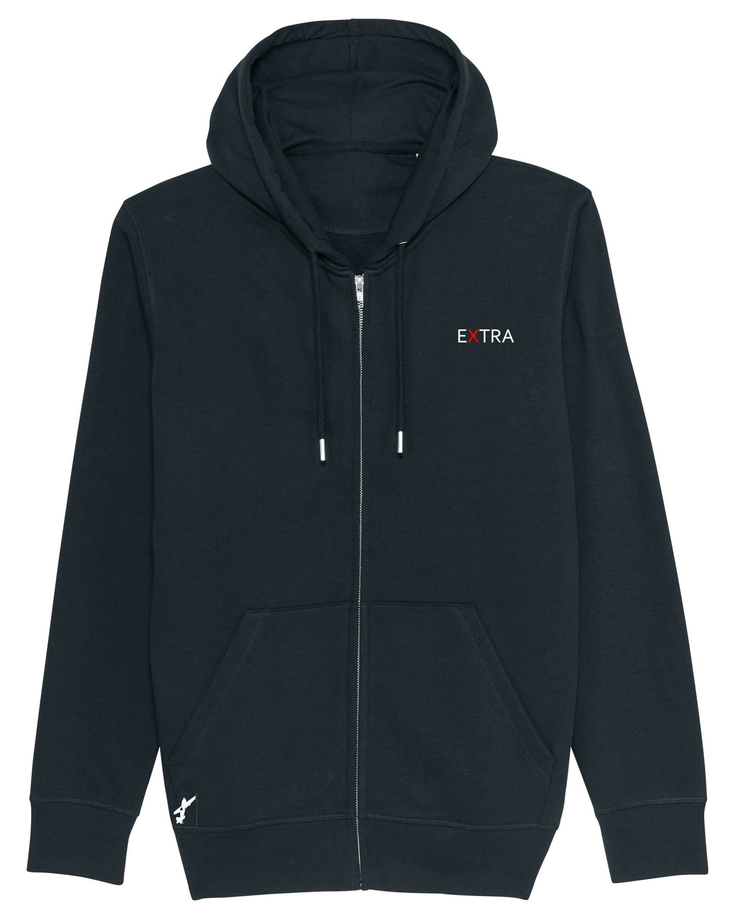Produktbild der schwarzen Strickjacke mit Reißverschluss. Das ikonische Extra-Unternehmenslogo befindet sich herzseitig auf der Brust. Am unteren Saum auf der rechten Seite ist eine kleine Flugzeugapplikation eingestickt, die subtile Abenteuerlust vermittelt.