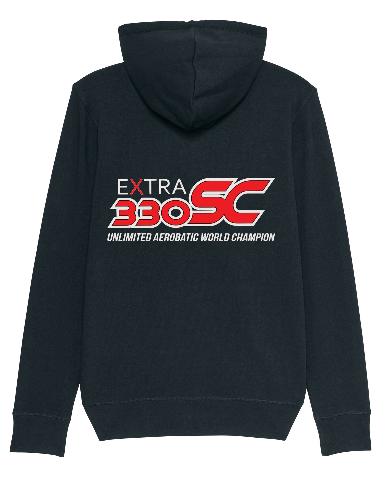Produktbild der gemütlichen, schwarzen Extra-Strickjacke: Auf der Rückseite ist das offizielle Extra 330 SC -Siegermotiv - "Unlimited Aerobatic World Champion" -  als hochwertiges Strickmuster dargestellt.