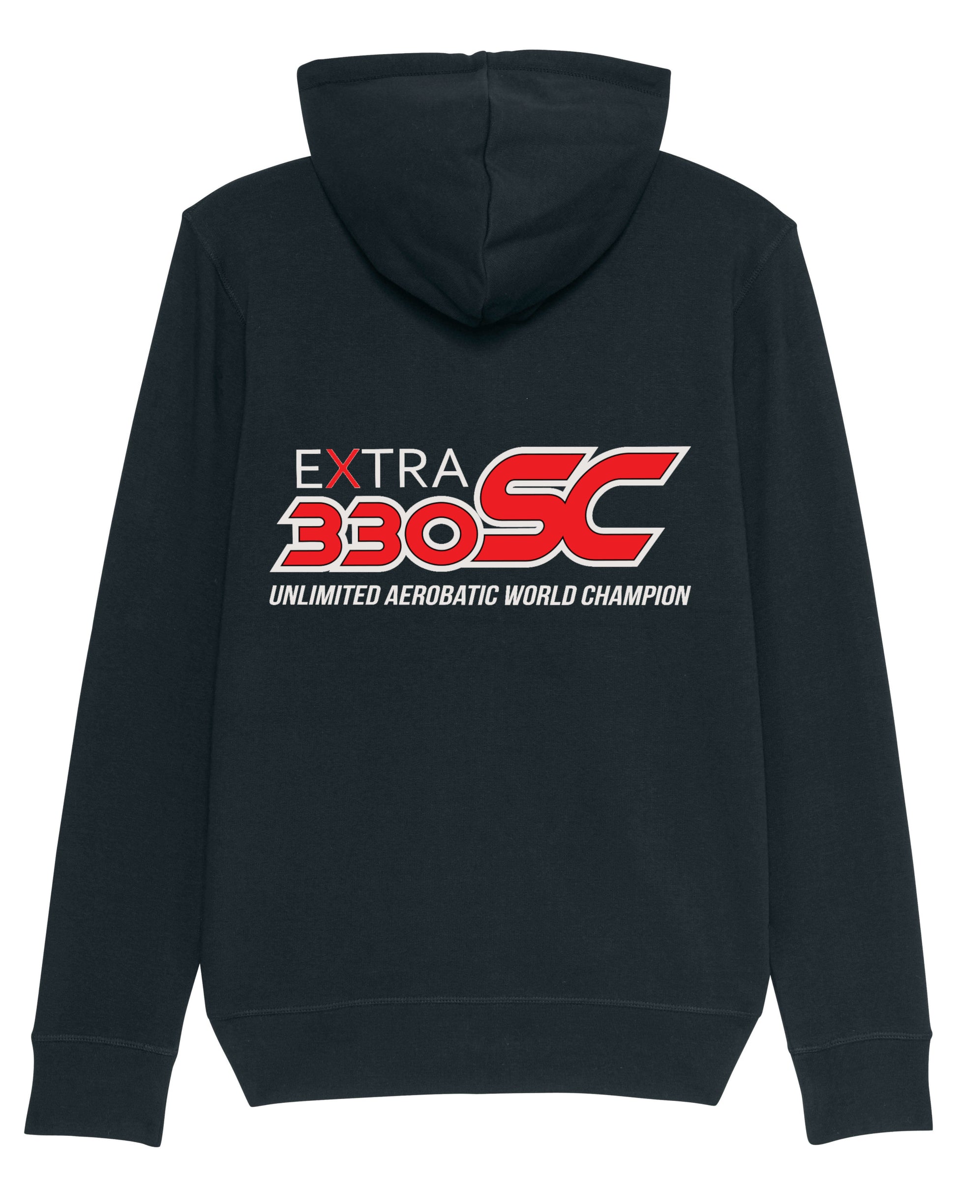 Produktbild der gemütlichen, schwarzen Extra-Strickjacke: Auf der Rückseite ist das offizielle Extra 330 SC -Siegermotiv - "Unlimited Aerobatic World Champion" -  als hochwertiges Strickmuster dargestellt.