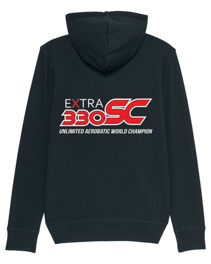 Produktbild der gemütlichen, schwarzen Extra-Strickjacke: Auf der Rückseite ist das offizielle Extra 330 SC -Siegermotiv - "Unlimited Aerobatic World Champion" -  als hochwertiges Strickmuster dargestellt.