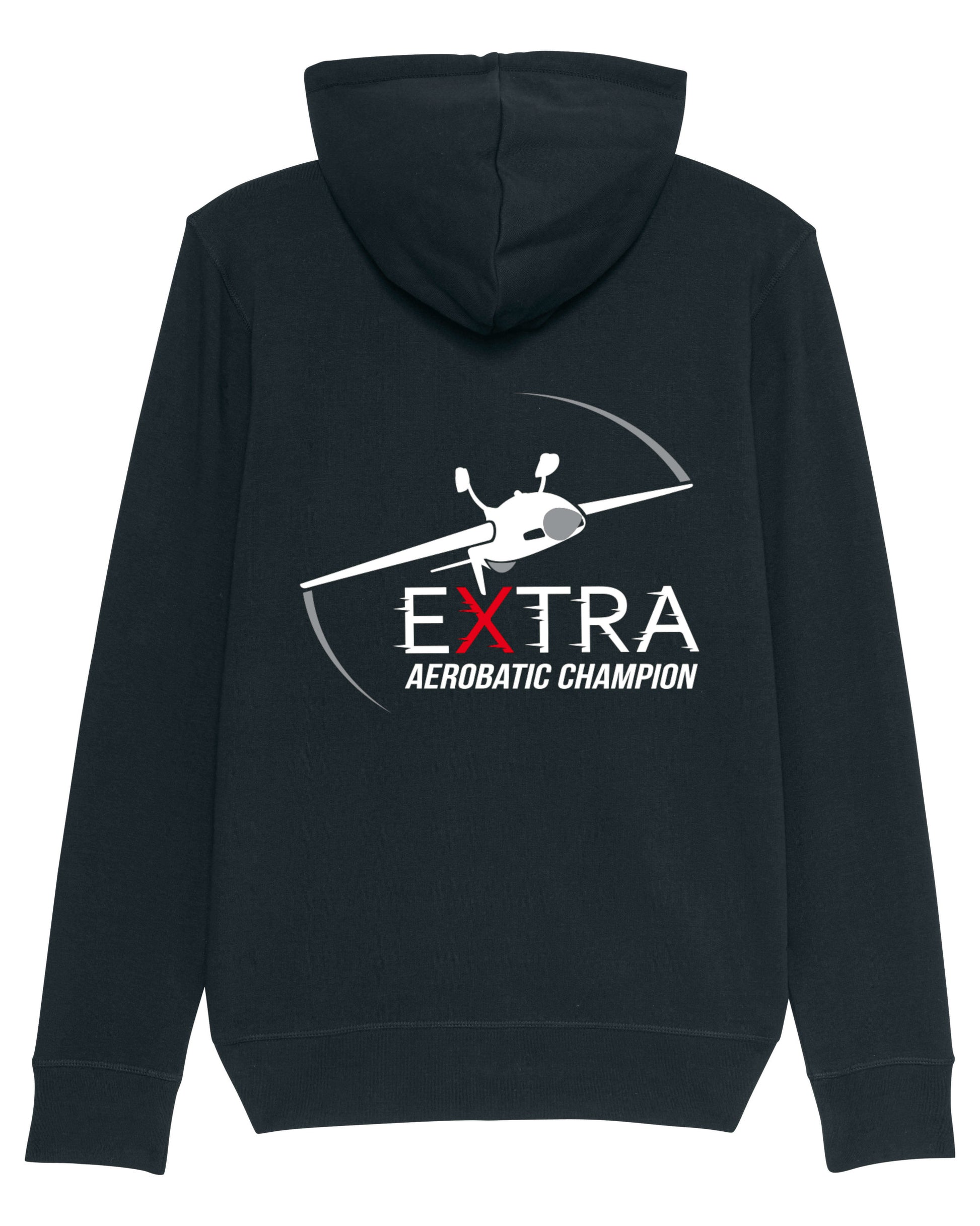 Produktbild der gemütlichen schwarzen Extra-Strickjacke: Auf der Rückseite ist das Extra Aerobatic Champions Logo als hochwertiges Strickmuster dargestellt (inkl. der kopfstehenden Extra 330SC).