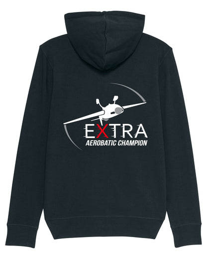 Produktbild der gemütlichen schwarzen Extra-Strickjacke: Auf der Rückseite ist das Extra Aerobatic Champions Logo als hochwertiges Strickmuster dargestellt (inkl. der kopfstehenden Extra 330SC).