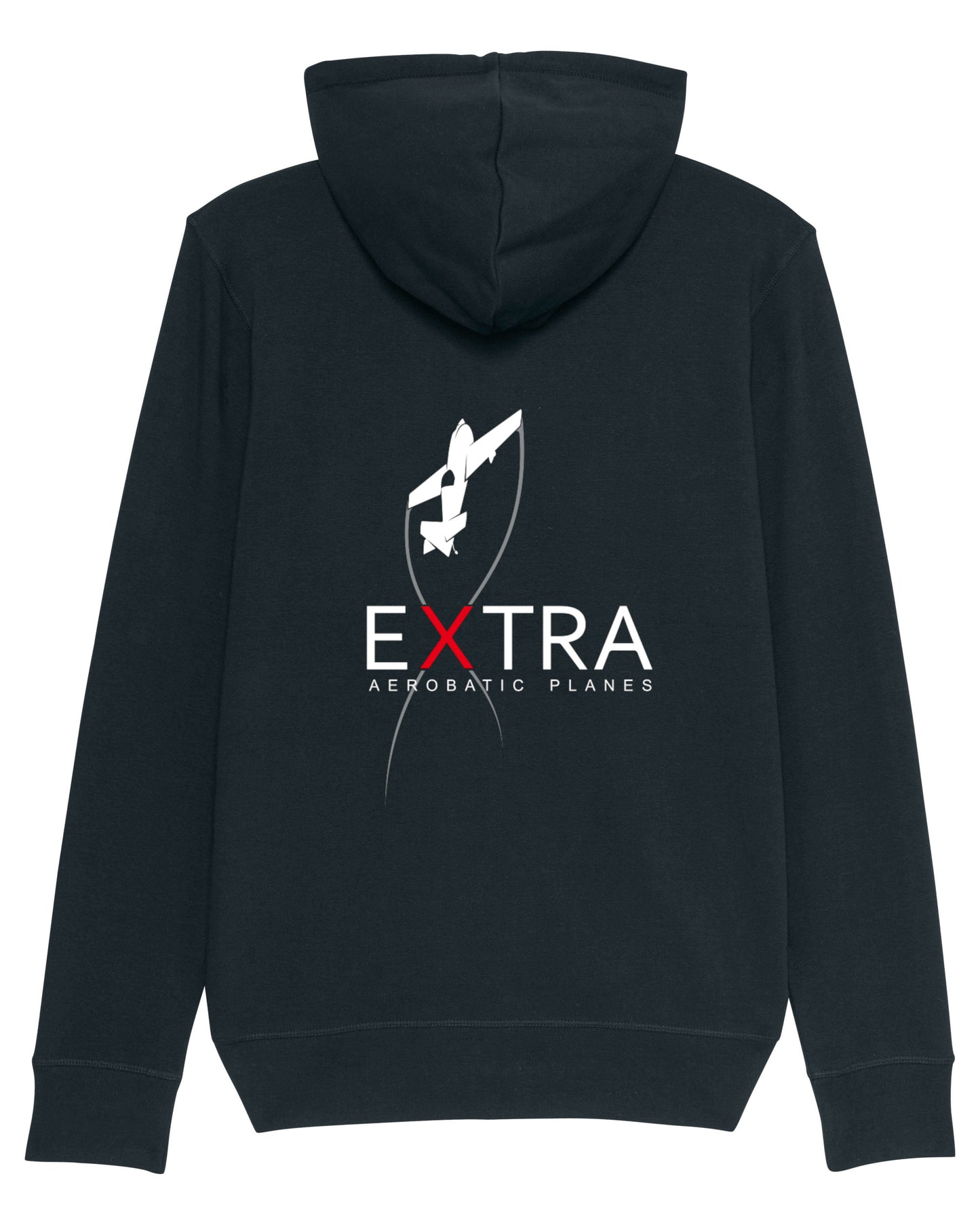 Produktbild der gemütlichen schwarzen Extra-Strickjacke: Auf der Rückseite ist das Extra Aerobatic Planes Logo als hochwertiges Strickmuster dargestellt.