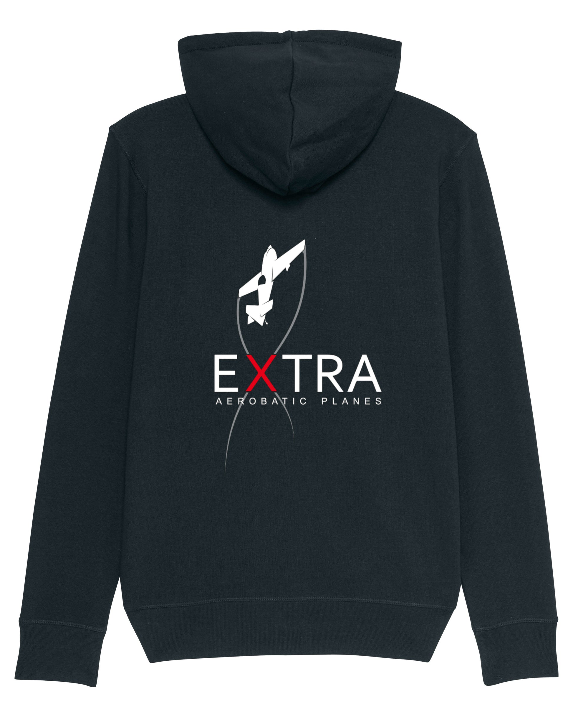 Produktbild der gemütlichen schwarzen Extra-Strickjacke: Auf der Rückseite ist das Extra Aerobatic Planes Logo als hochwertiges Strickmuster dargestellt.