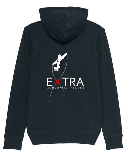 Produktbild der gemütlichen schwarzen Extra-Strickjacke: Auf der Rückseite ist das Extra Aerobatic Planes Logo als hochwertiges Strickmuster dargestellt.